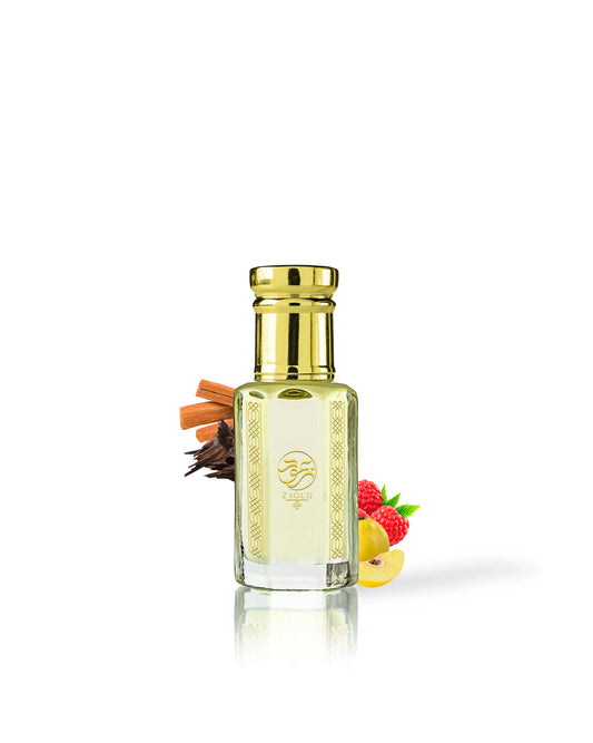 agarose perfume oil bottle with a shiny gold cap and gold decorative detailing, filled with pale yellow liquid. The bottle is centered on a white background with decorative botanical and fruit props including cinnamon sticks, a dried flower, and red and yellow fruits near the base.