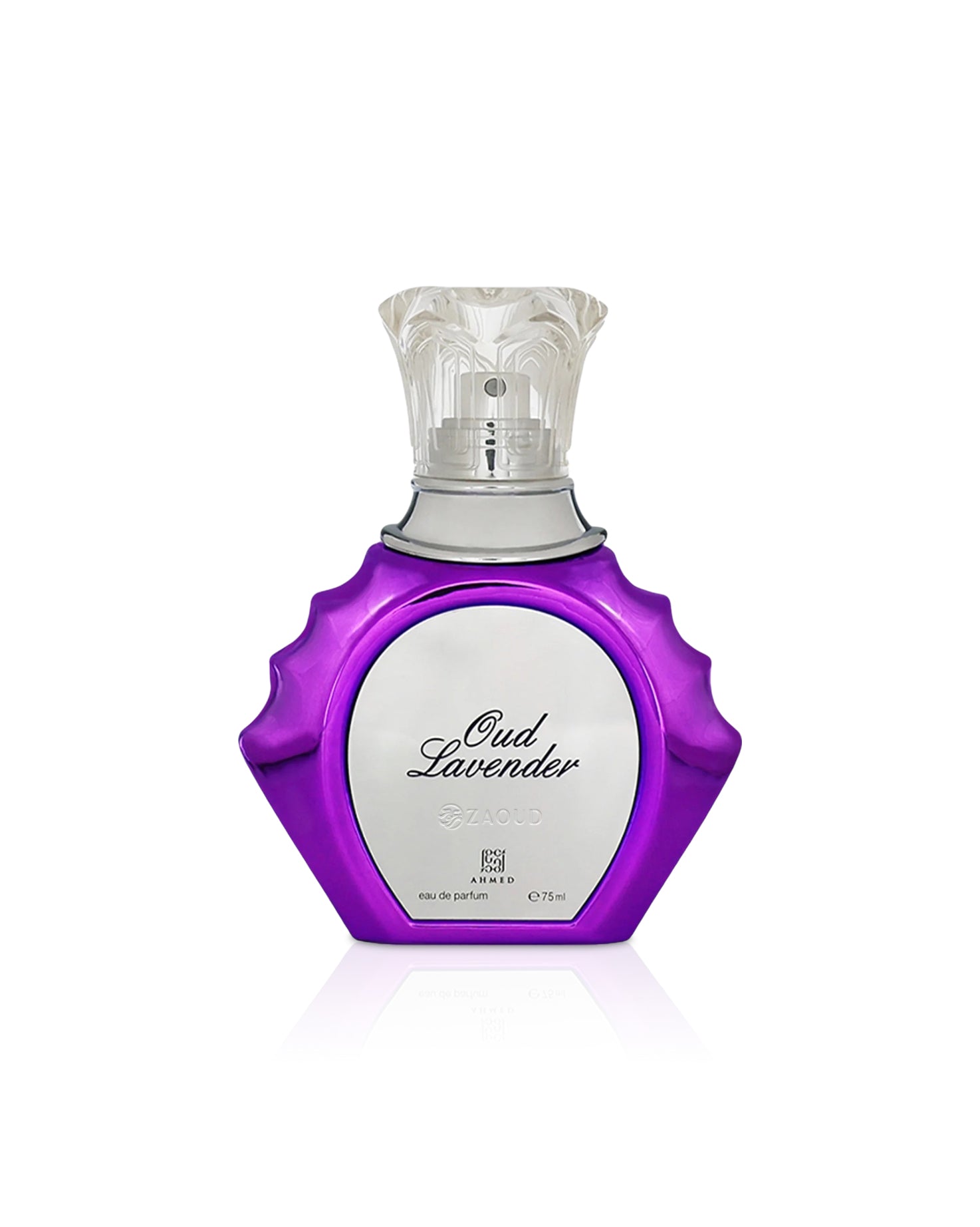 Purple and silver ahmed Oud Lavender perfume bottle on a white background