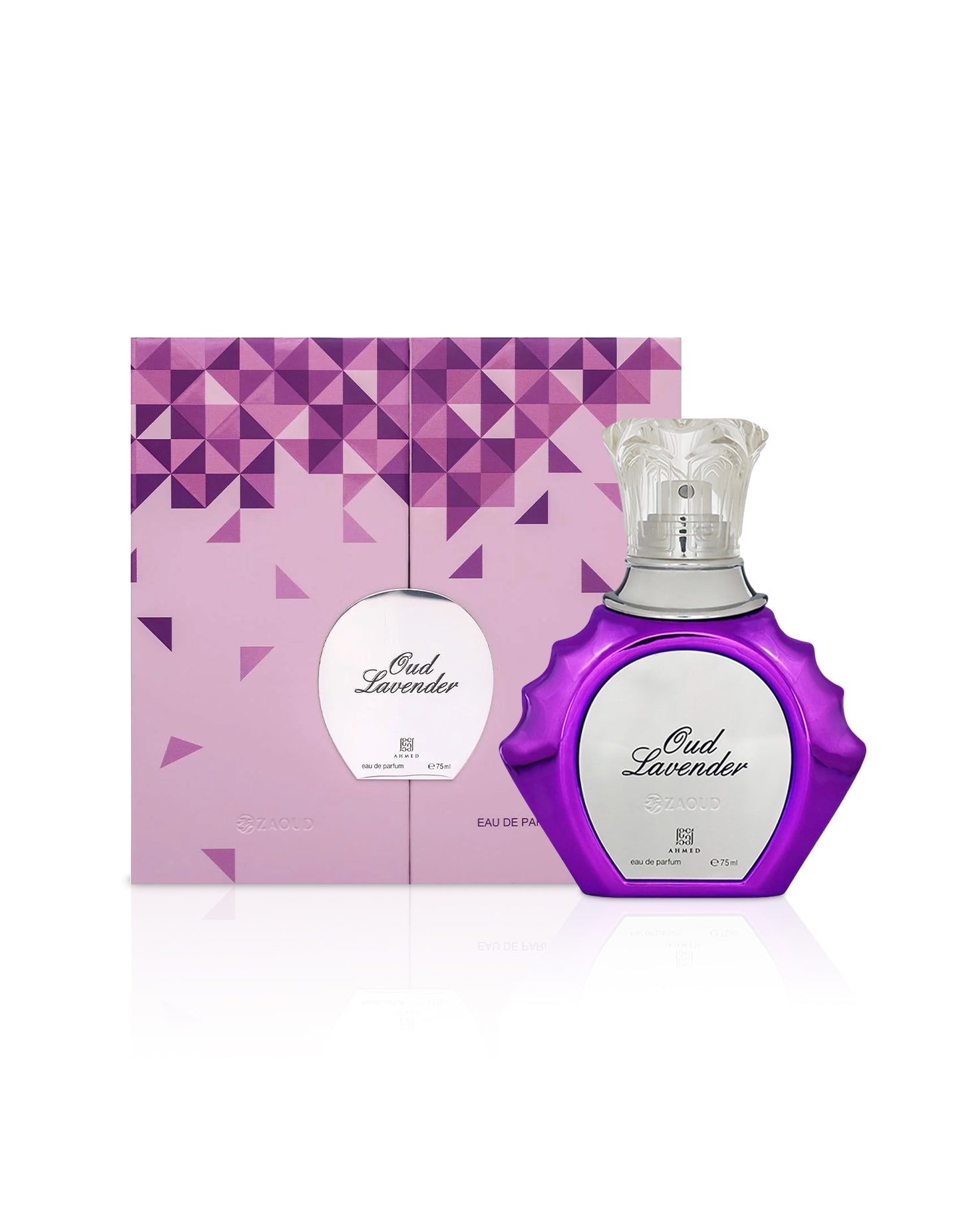 Purple ahmed Oud Lavender perfume bottle with matching packaging on a white background