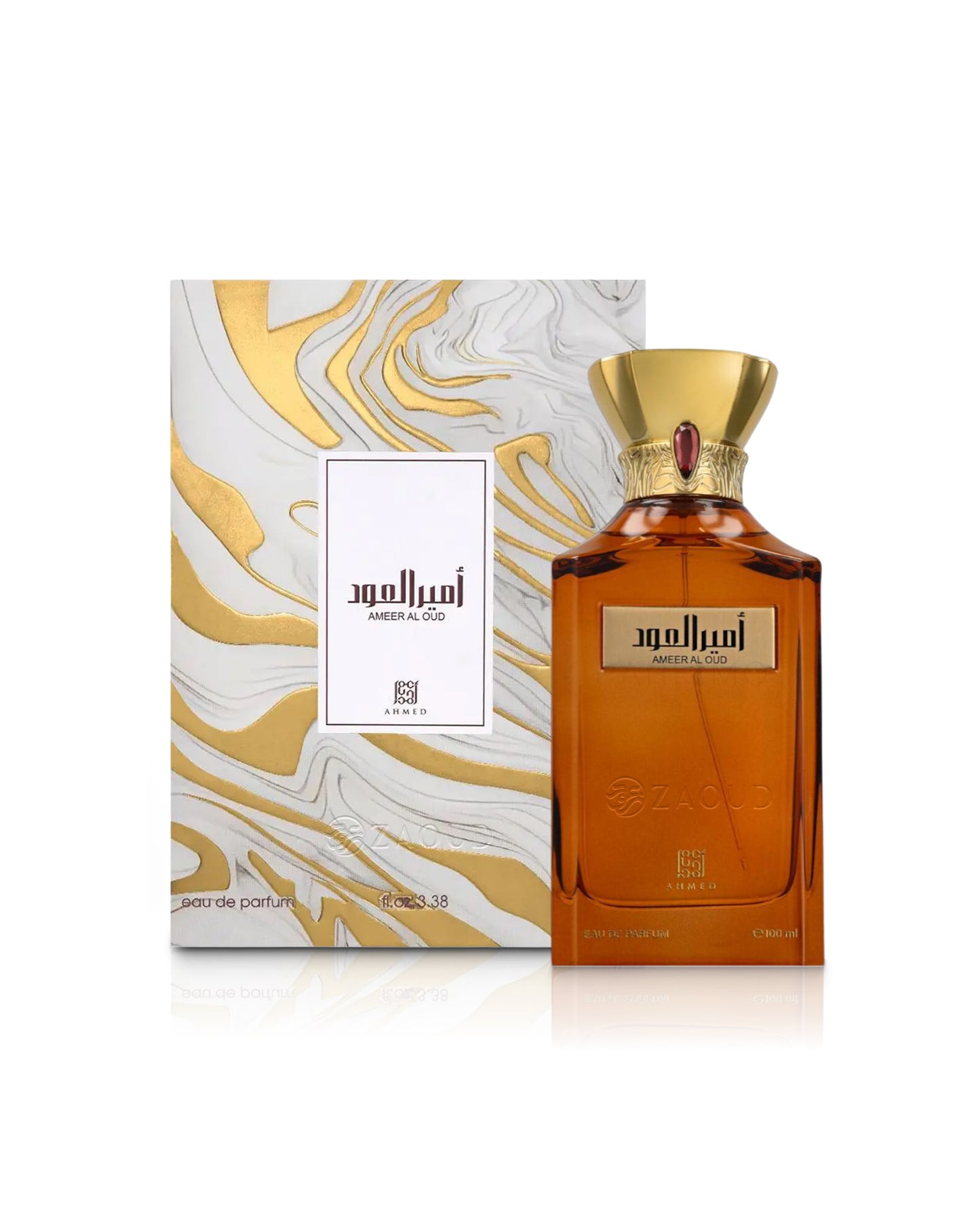 ahmed al maghribi ameer al oud perfume bottle shows beside its packaging against white background