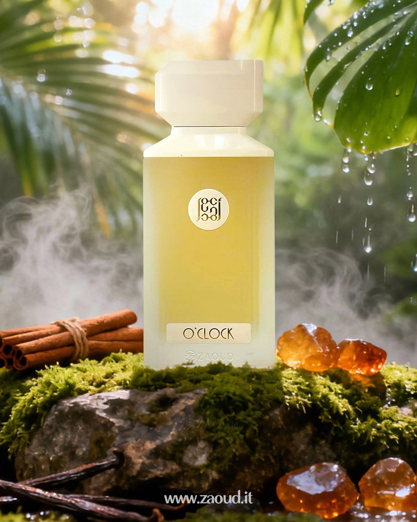 A bottle of O’Clock perfume surrounded by amber stones and cinnamon sticks resting on a moss-covered stone, set against a lush natural background with greenery.