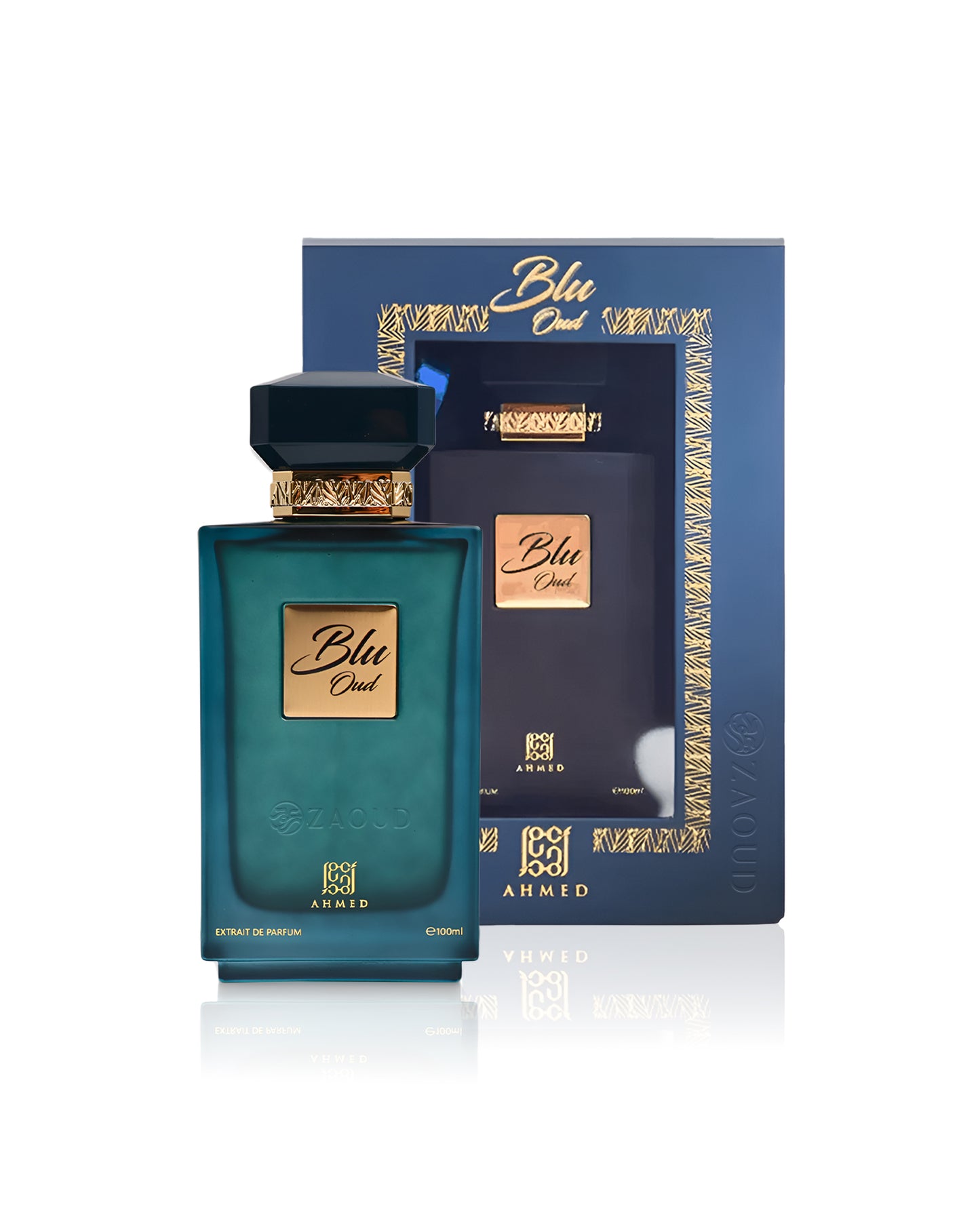 ahmed al maghribi blu oud perfume bottle shows beside packaging against white background