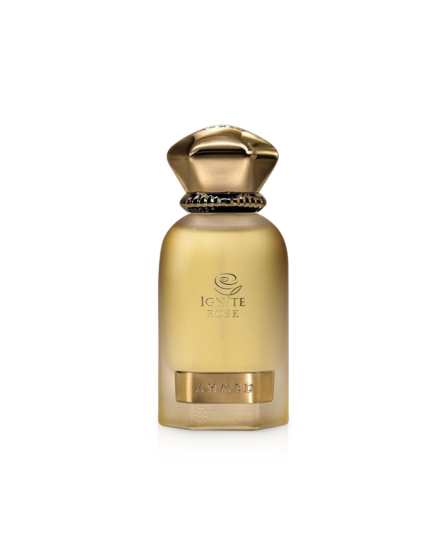 Ahmed al maghribi ignite rose Gold perfume bottle with decorative cap on a white background
