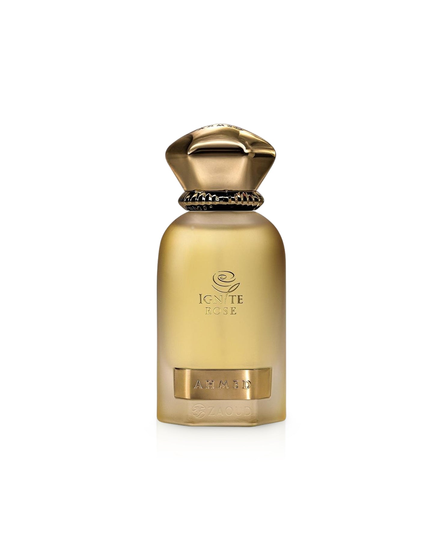 Ahmed al maghribi ignite rose Gold perfume bottle with decorative cap on a white background