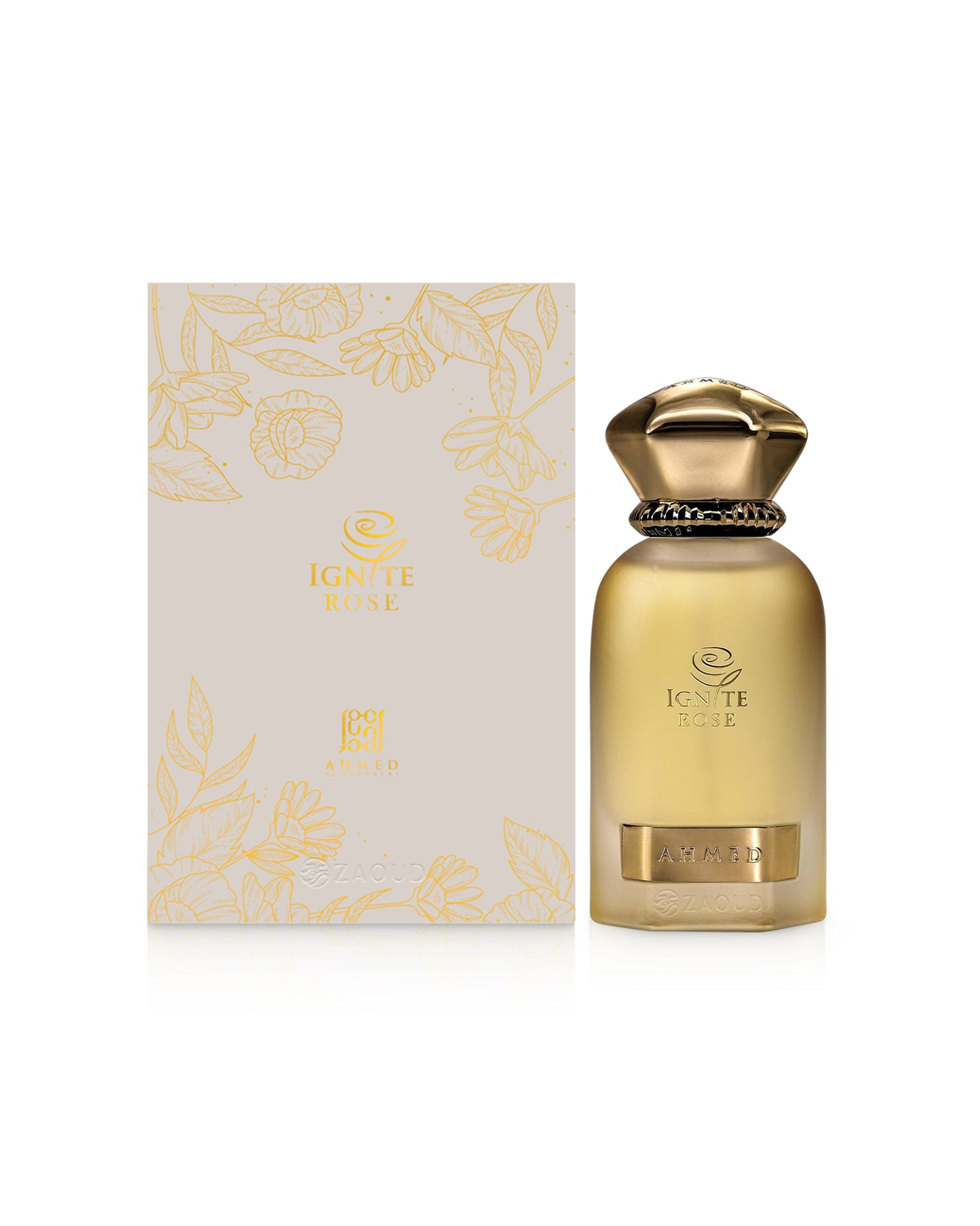 Ahmed al maghribi ignite rose Gold perfume bottle with matching box featuring floral designs on a white background