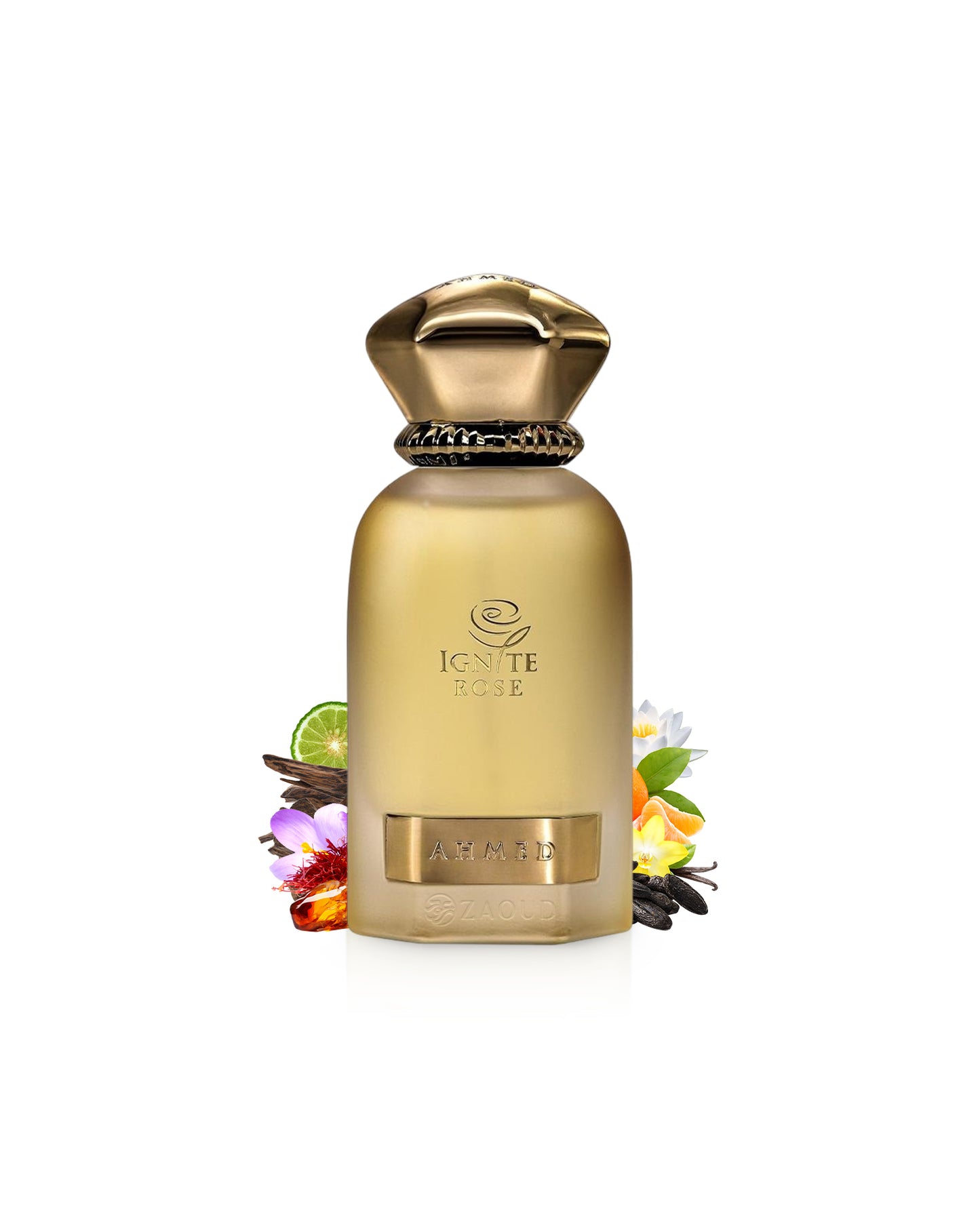 Ahmed al maghribi ignite rose Gold perfume bottle with decorative elements like amber and saffron on a white background