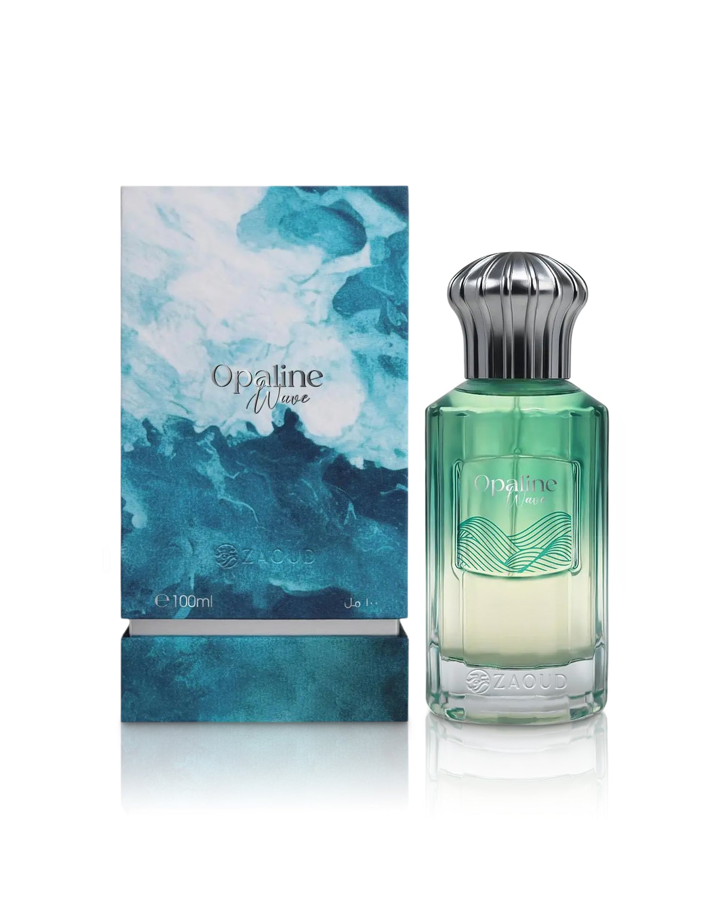 ahmed al maghribi opaline wave perfume bottle beside its packaging shows against white background