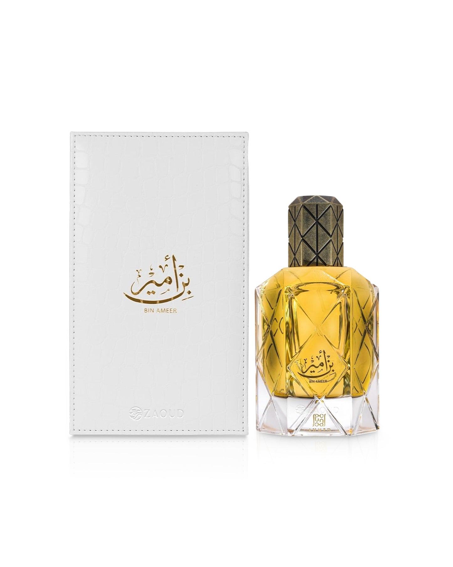 ahmed al maghribi bin ameer Perfume bottle with a white box featuring Arabic text on a white background