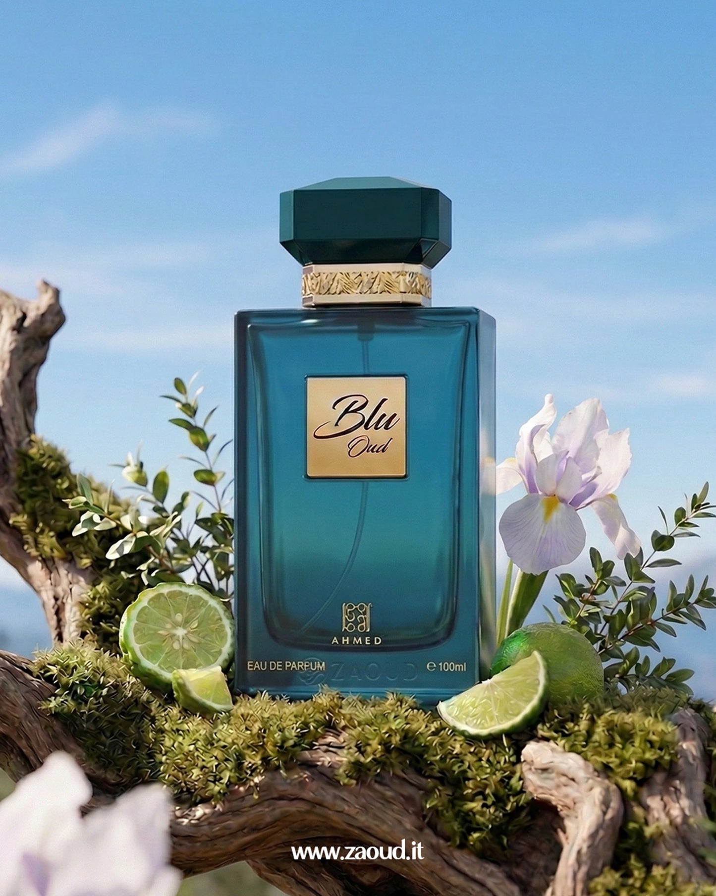 Blu Oud Extrait de Parfum luxury perfume bottle with oud wood and citrus notes in bright outdoor fragrance photography