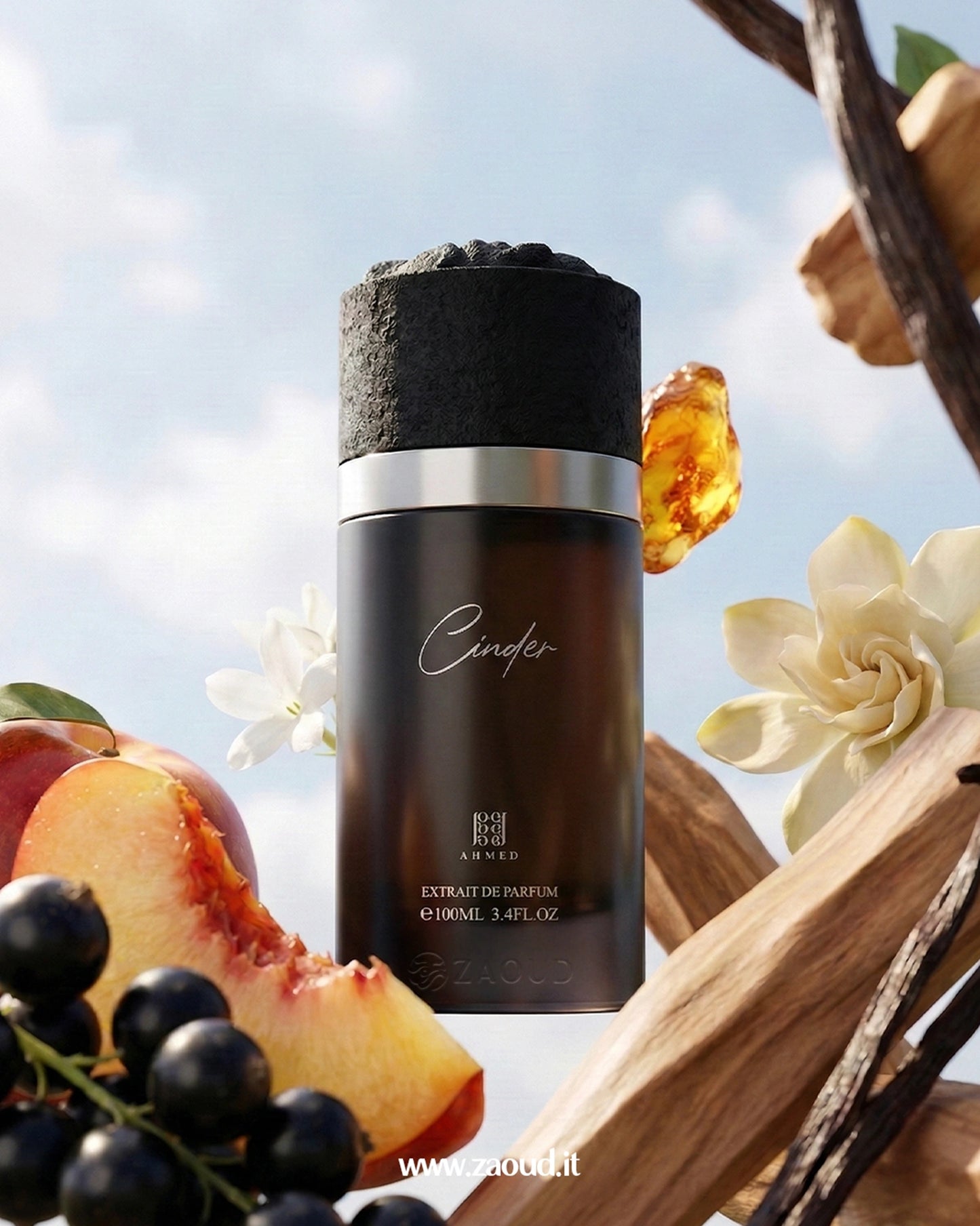 Cinder Extrait de Parfum luxury perfume bottle with nectarine and floral notes in bright outdoor product photography