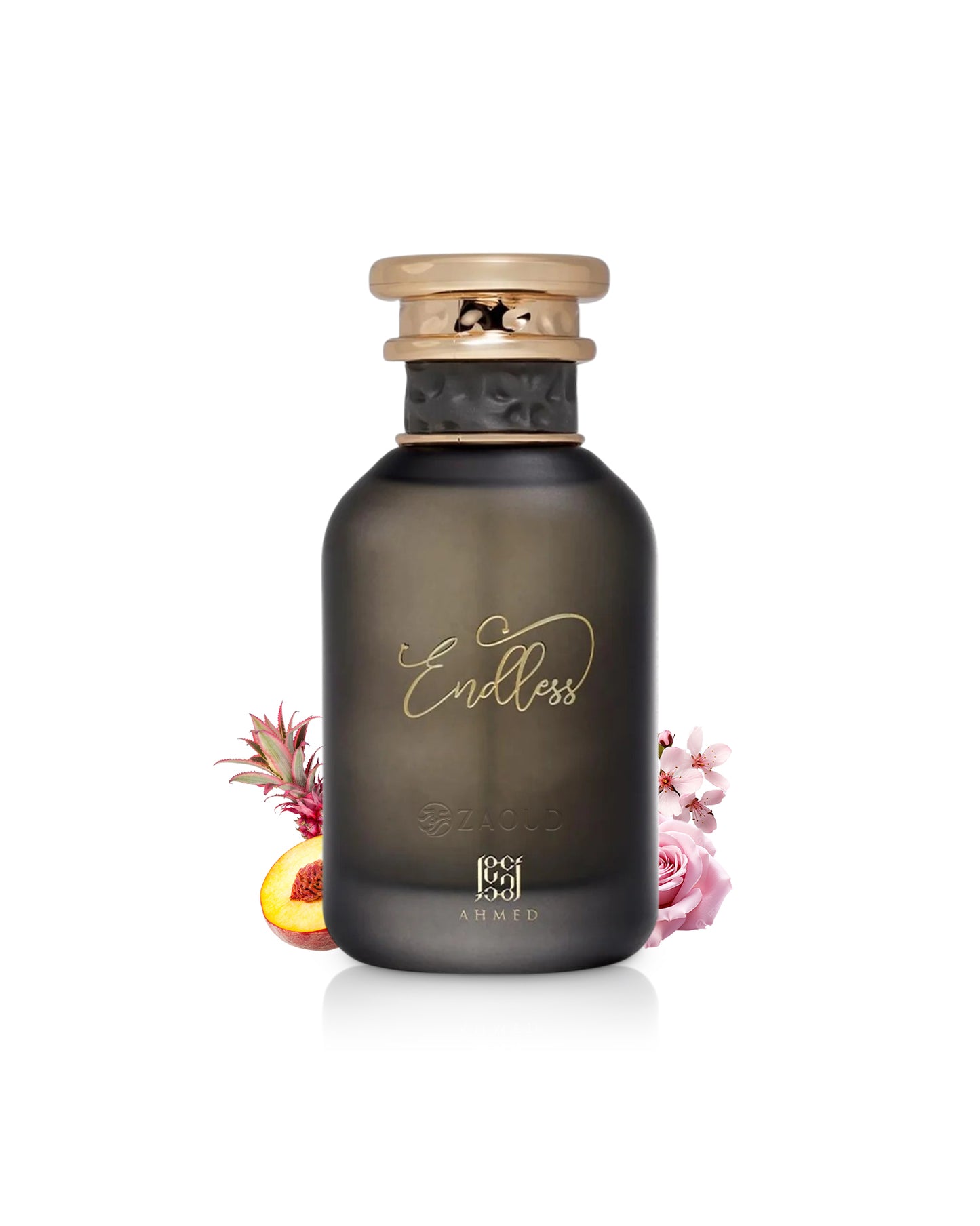 ahmed al maghribi endless perfume bottle surrounded with fragrance notes like peach and rose shows against white background