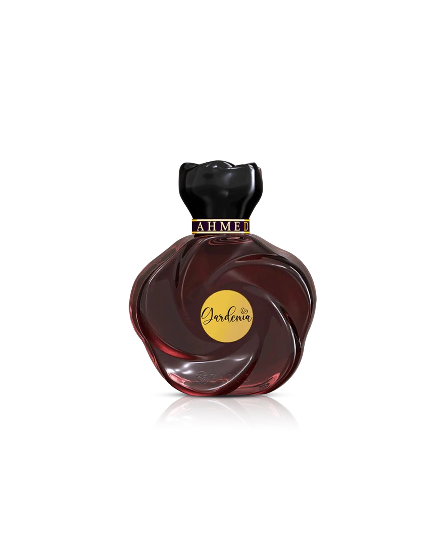ahmed al maghribi gardenia Perfume bottle with black cap and brown body on a white background