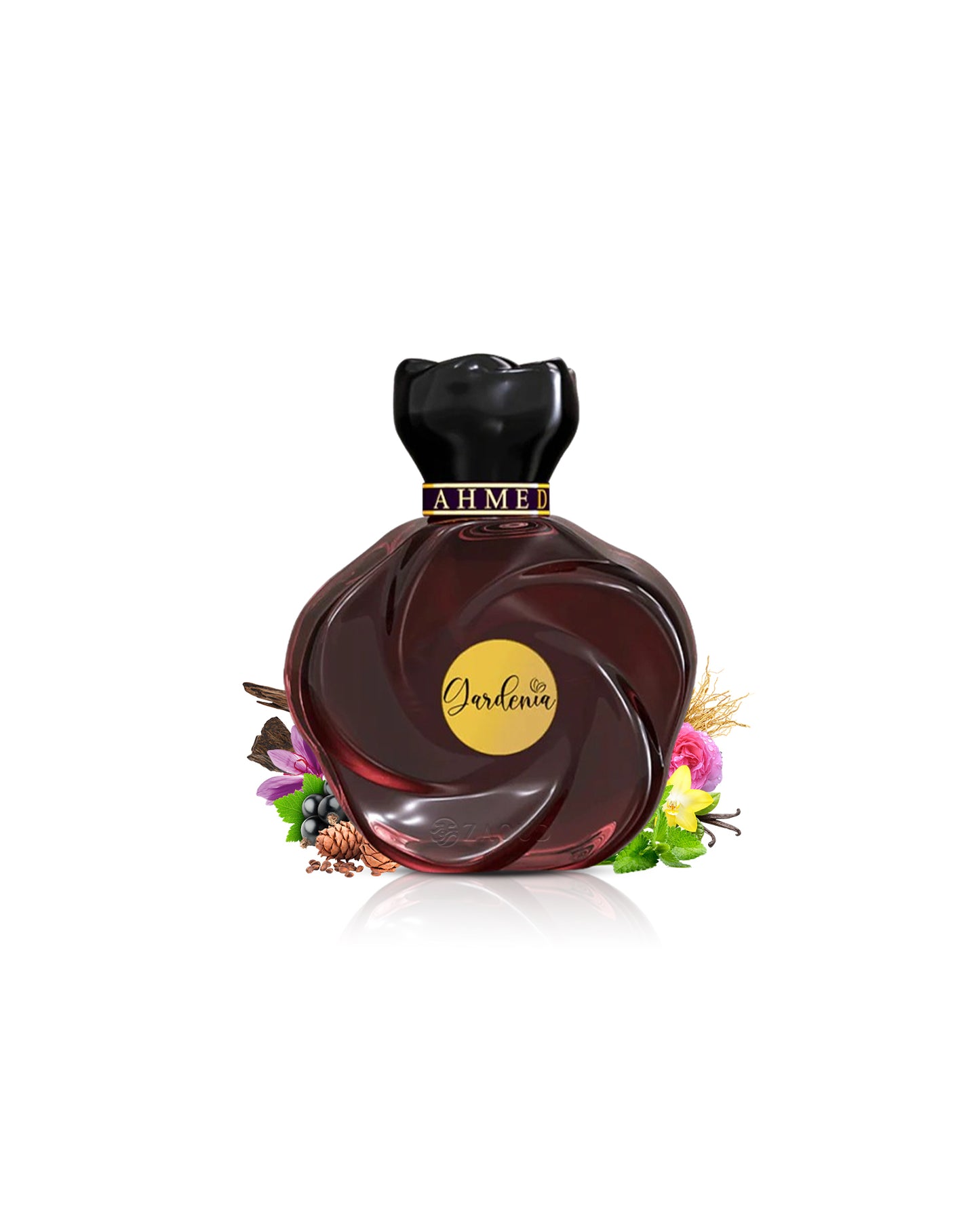ahmed al maghribi gardenia Perfume bottle with decorative elements like patchouli and vanilla on a white background