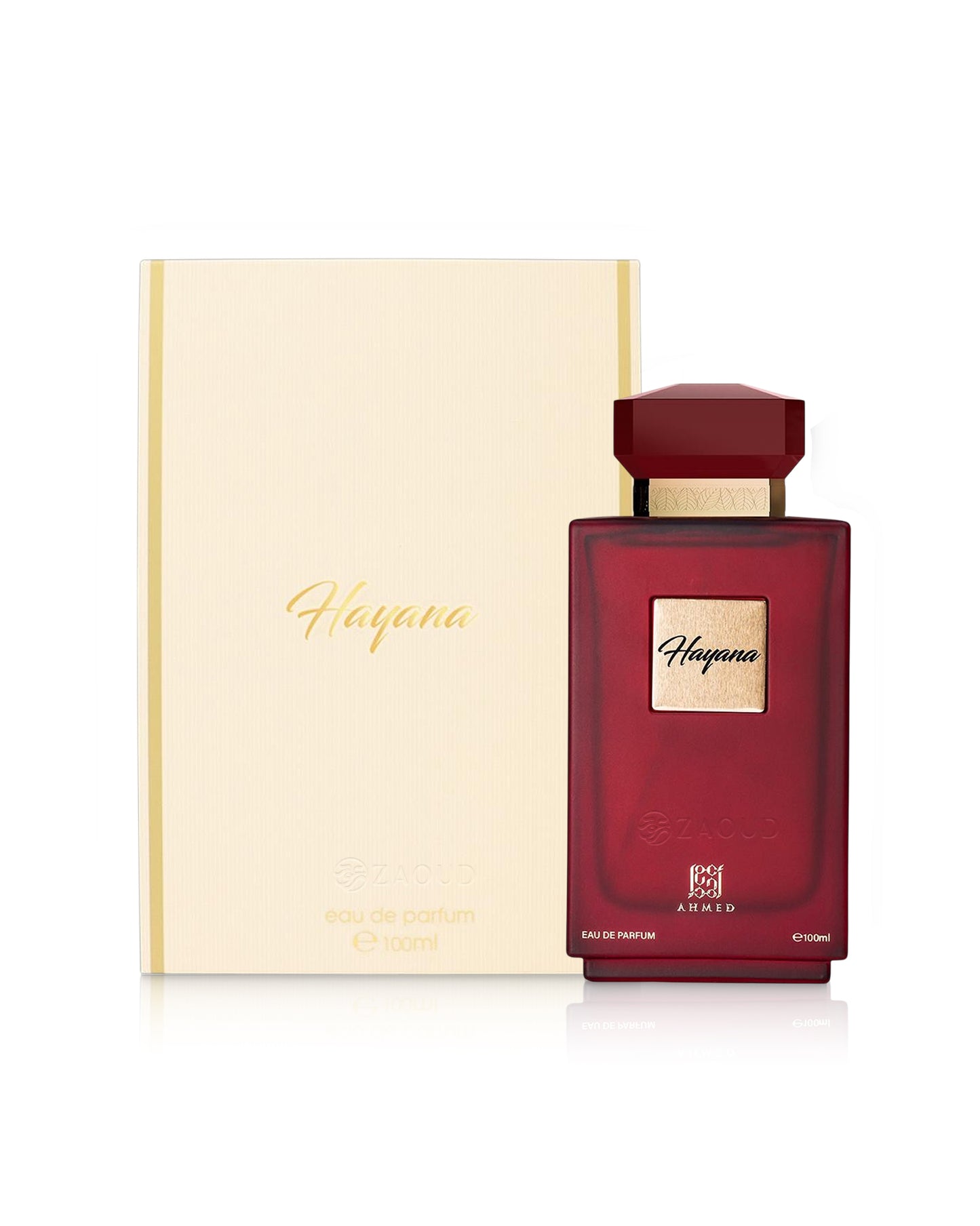 ahmed al maghribi hayana perfume bottle beside box shows against white background