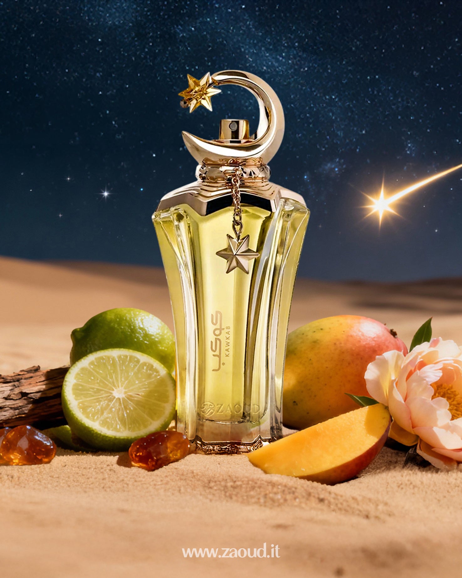 A luxurious, star and crescent-topped gold perfume bottle named KAWKAB rests on a sandy surface, surrounded by  slices of lime, a mango, and a light pink peony. The background is a desert night sky with shooting stars.
