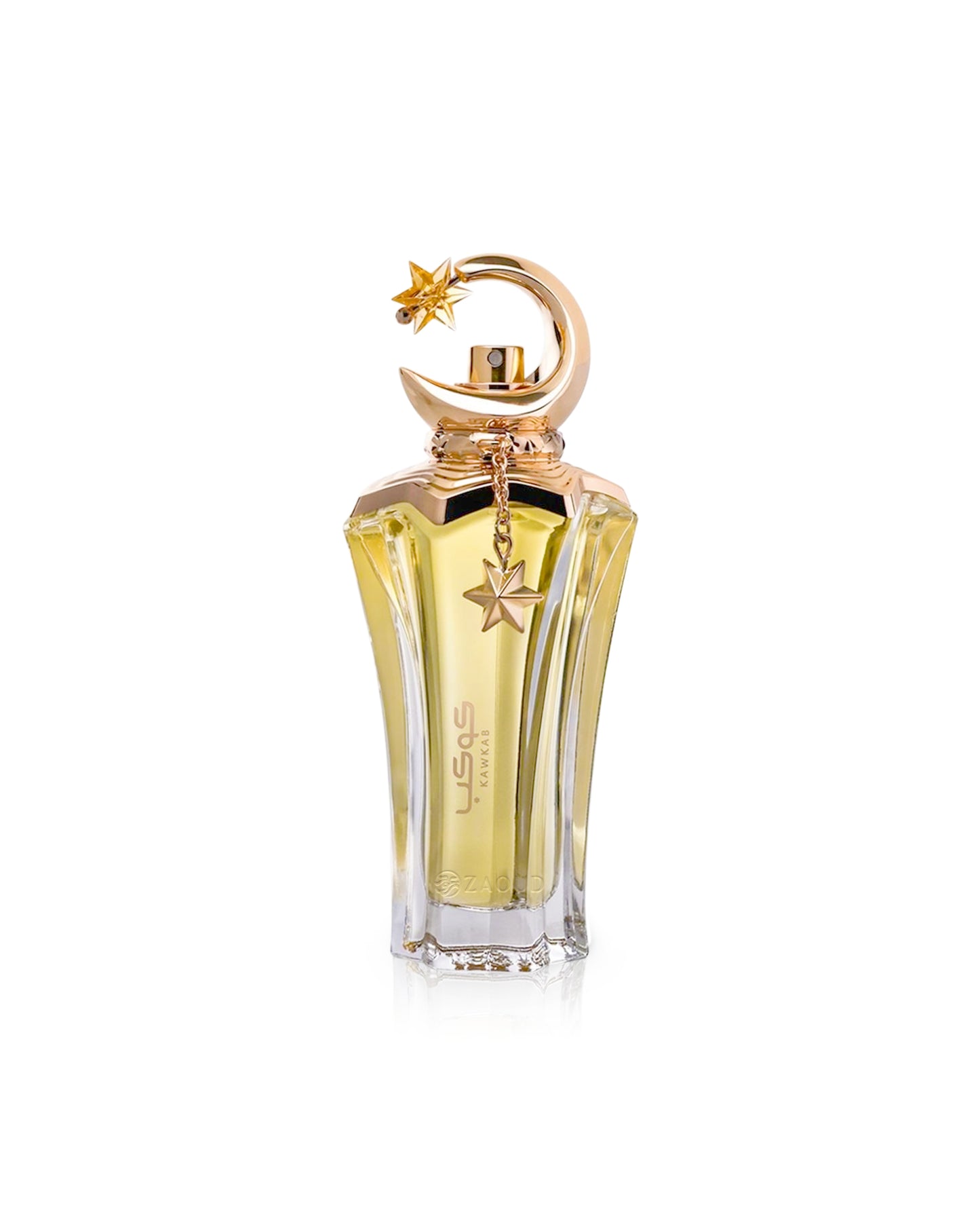 ahmed al maghribi kawkab Gold perfume bottle with star design on a white background