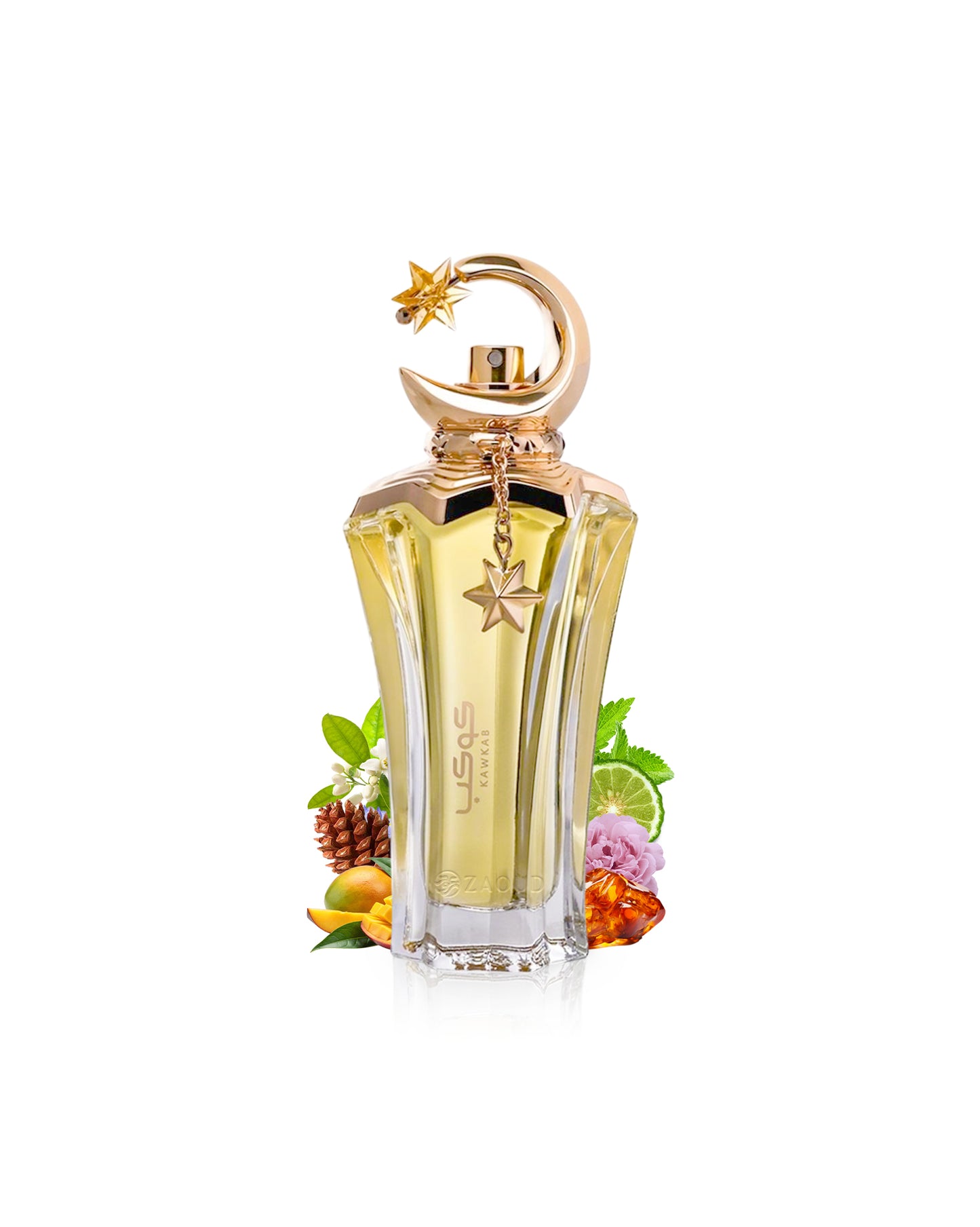 ahmed al maghribi kawkab Perfume bottle with decorative elements like mango and amber on a white background