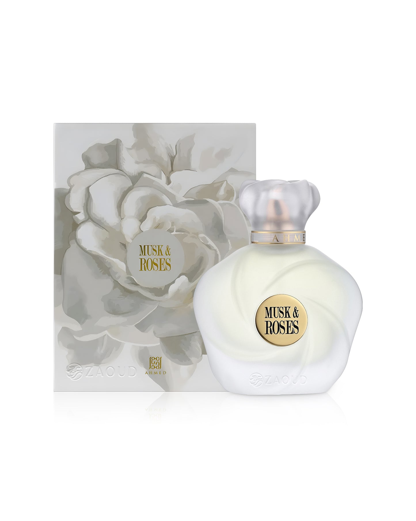 ahmed al maghribi musk and roses perfume bottle shows beside packaging against white background