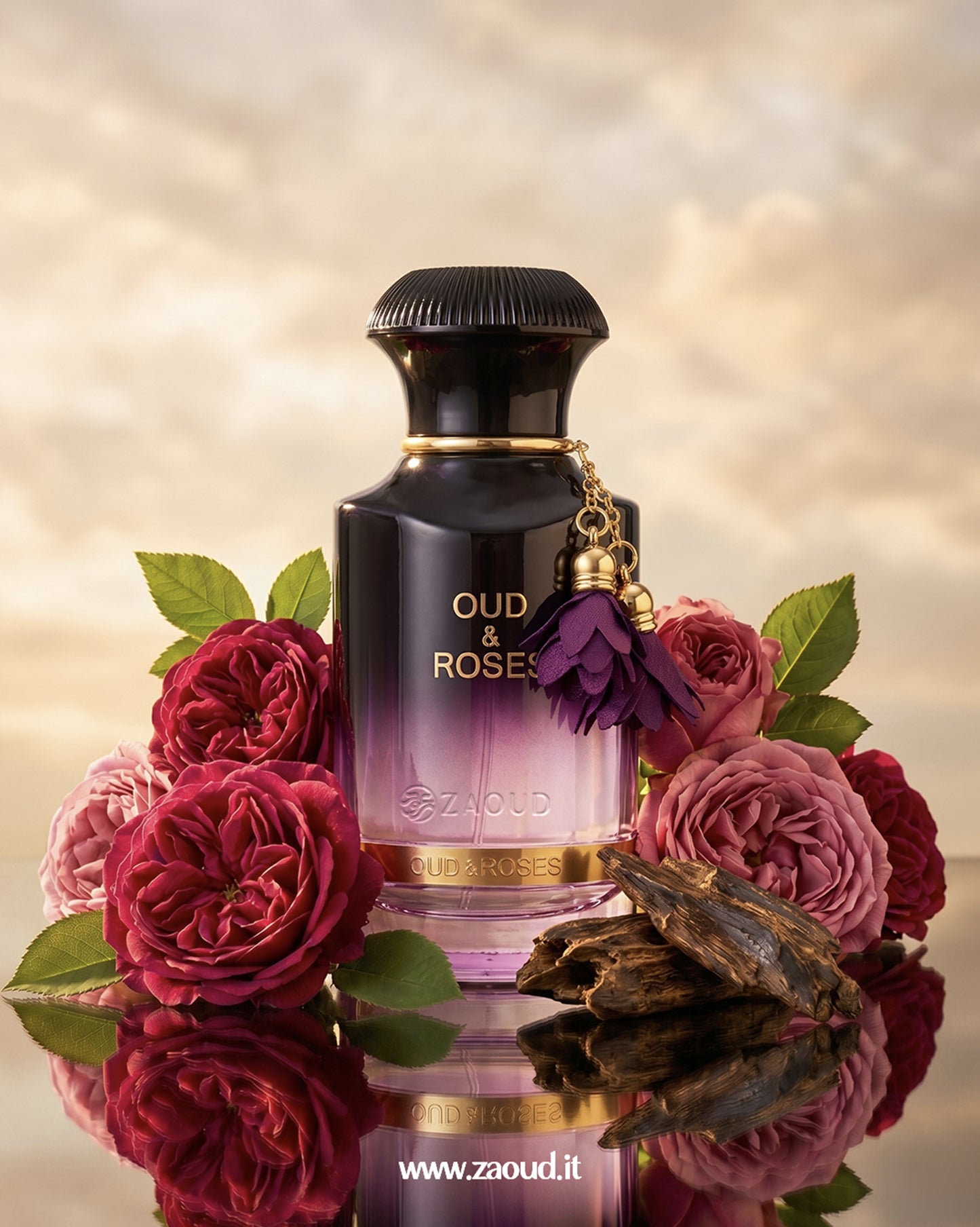 Ahmed Al Maghribi Oud and Roses perfume bottle surrounded by red roses and oud wood, showcasing a floral oriental fragrance with woody notes.