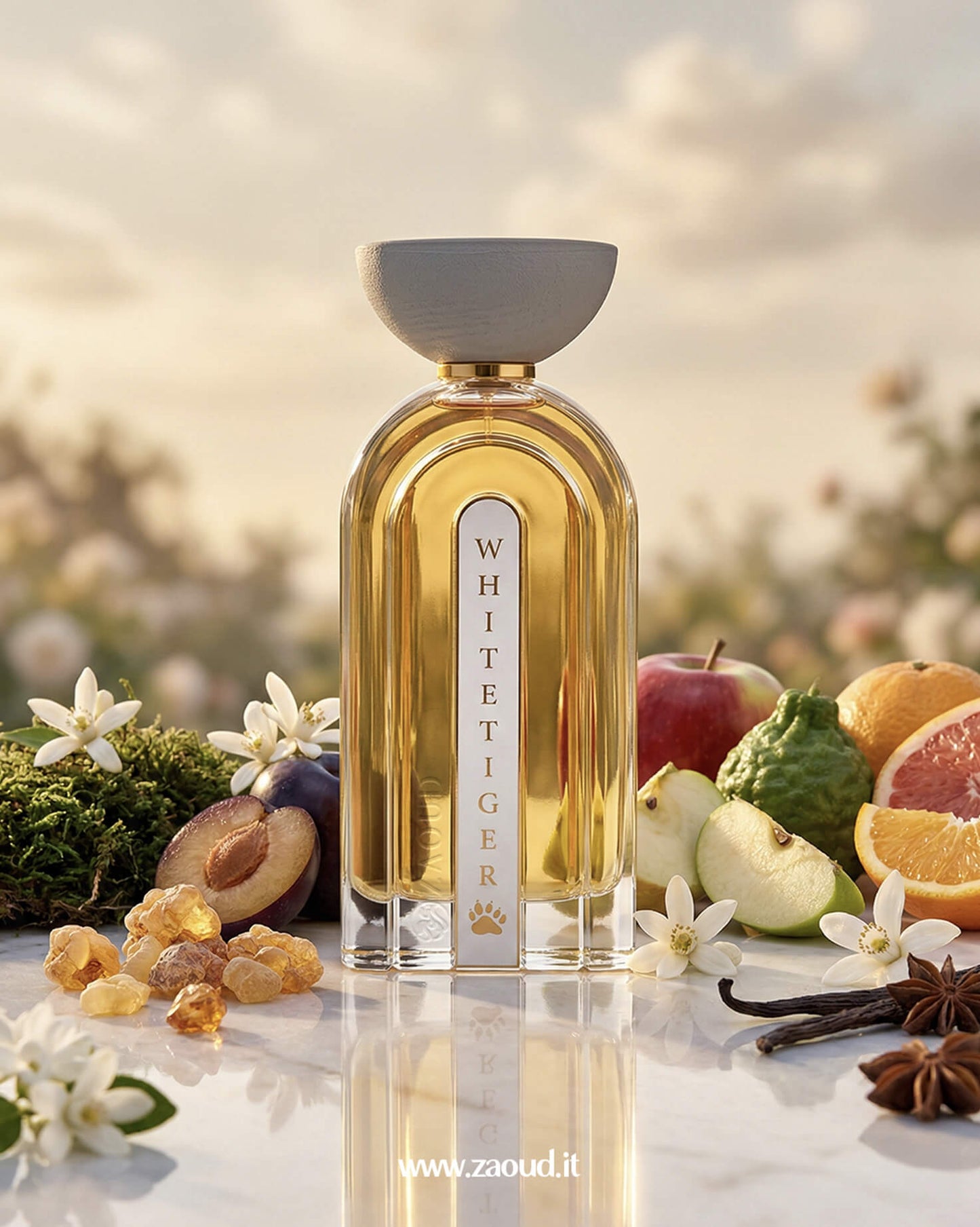 Ahmed Al Maghribi White Tiger extrait de parfum bottle with citrus fruits, vanilla, and amber resin representing a luxurious fruity amber fragrance.