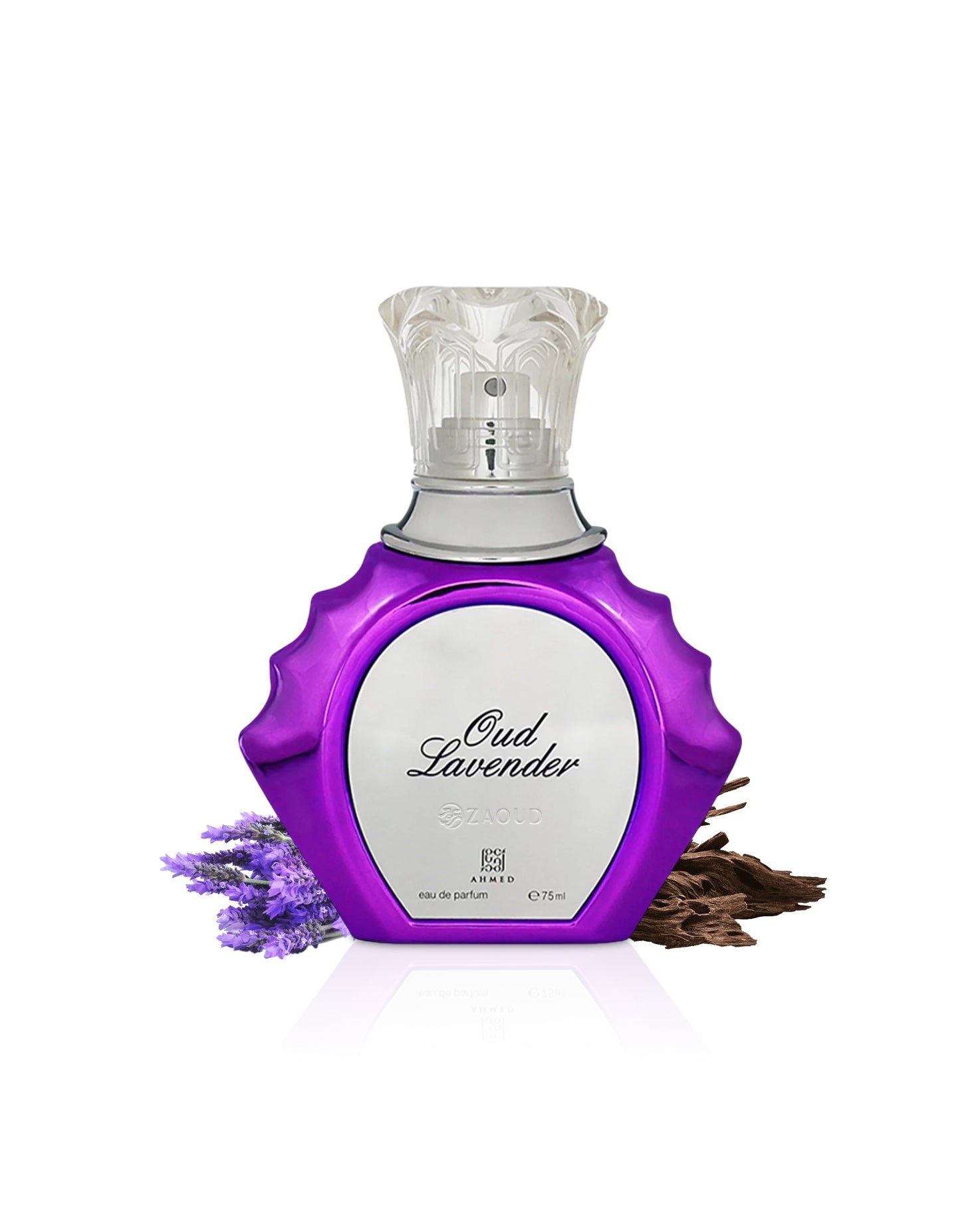 ahmed Oud Lavender perfume bottle with lavender flowers and a stick of incense on a white background