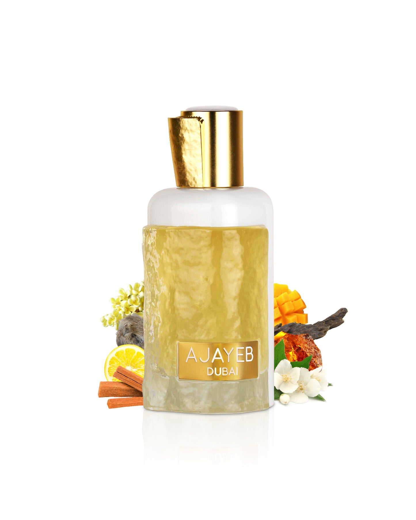 ajayeb dubai portrait gold by lattafa perfume bottle surrounded with its ingredients like mango and jasmine with many others shows from behind the bottle against white background
