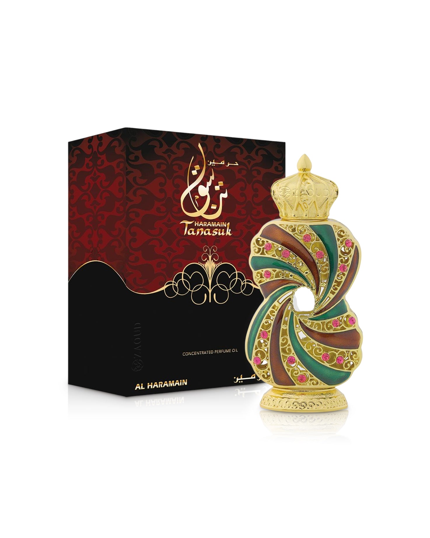 al haramain tanasuk perfume oil bottle shows beside box against white background