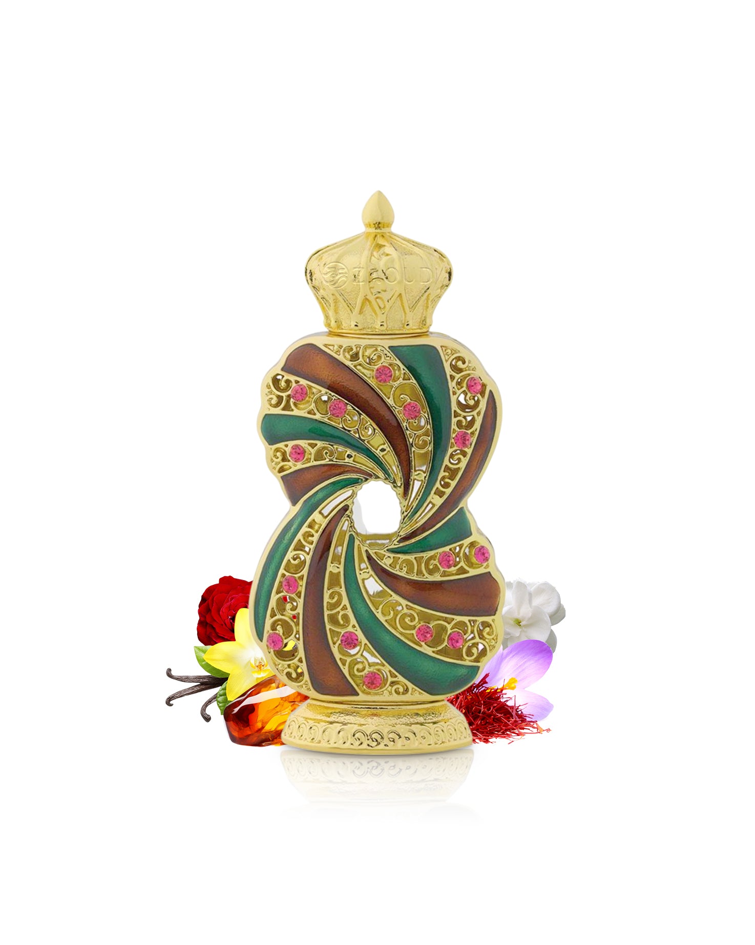 al haramain tanasuk perfume oil bottle surrounded with fragrance notes like saffron and amber shows against white background