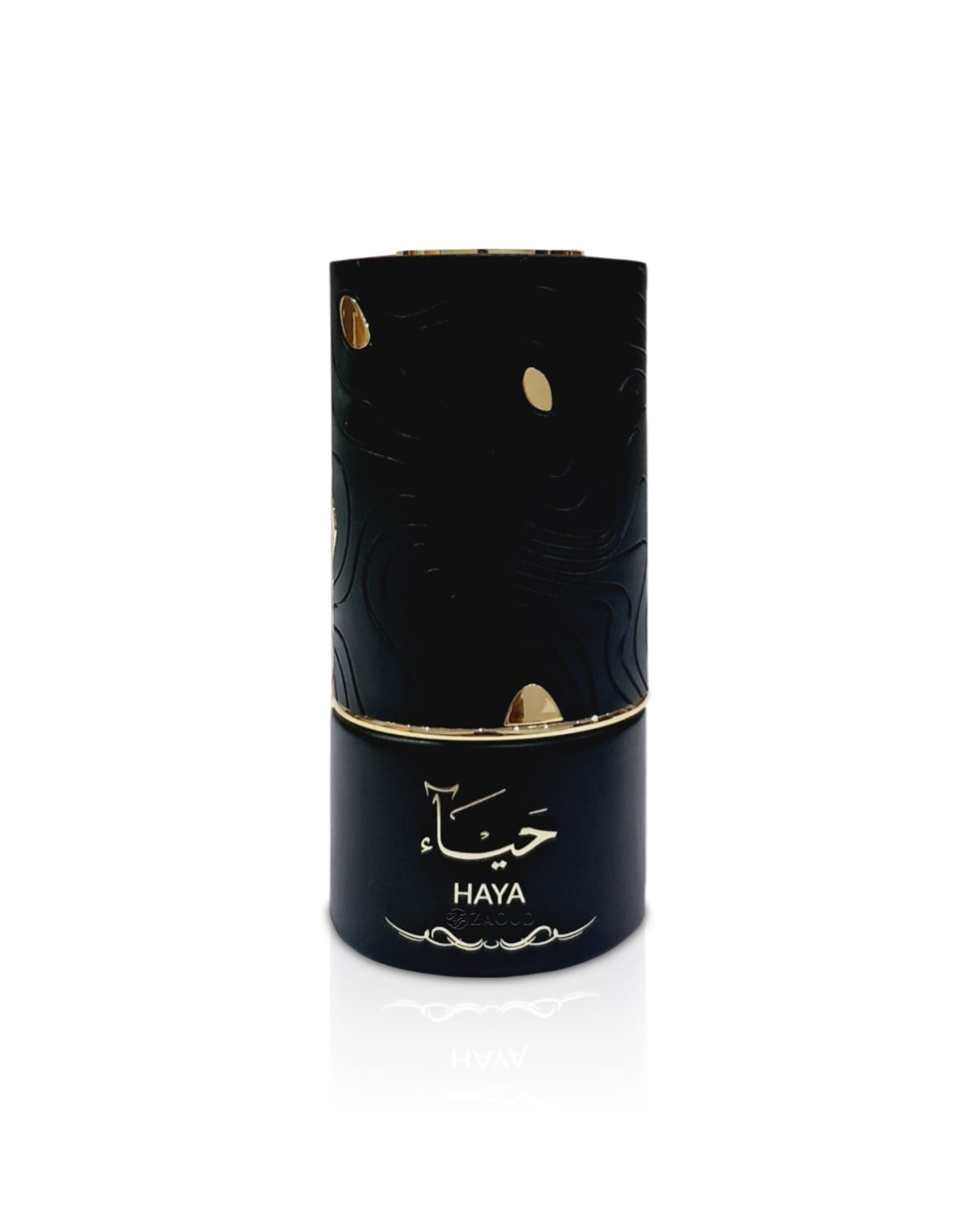 al absar haya Black cylindrical product with gold accents and 'HAYA' branding on a white background