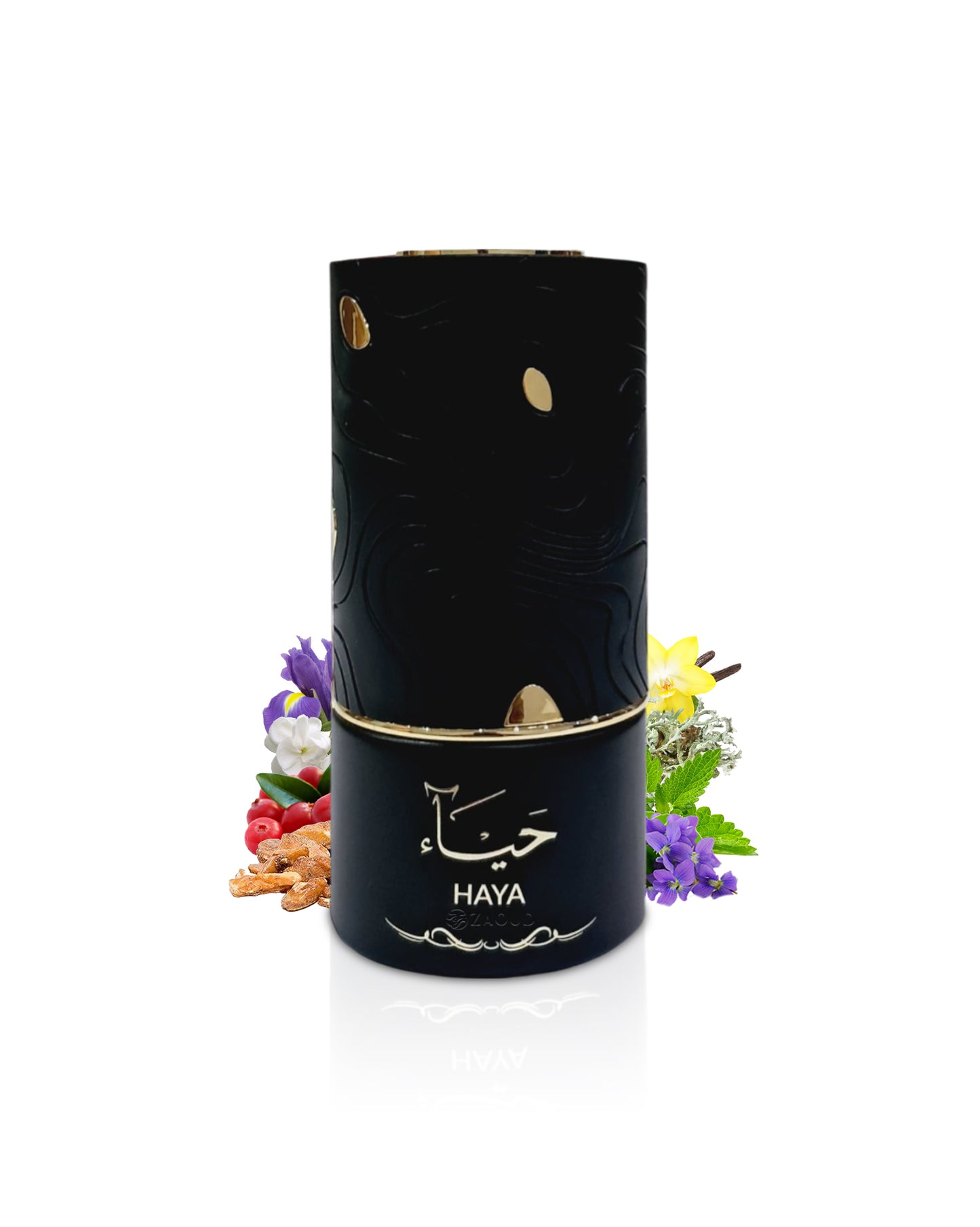 al absar haya Black cylindrical container with gold accents and 'Haya' branding on a white background with floral elements.
