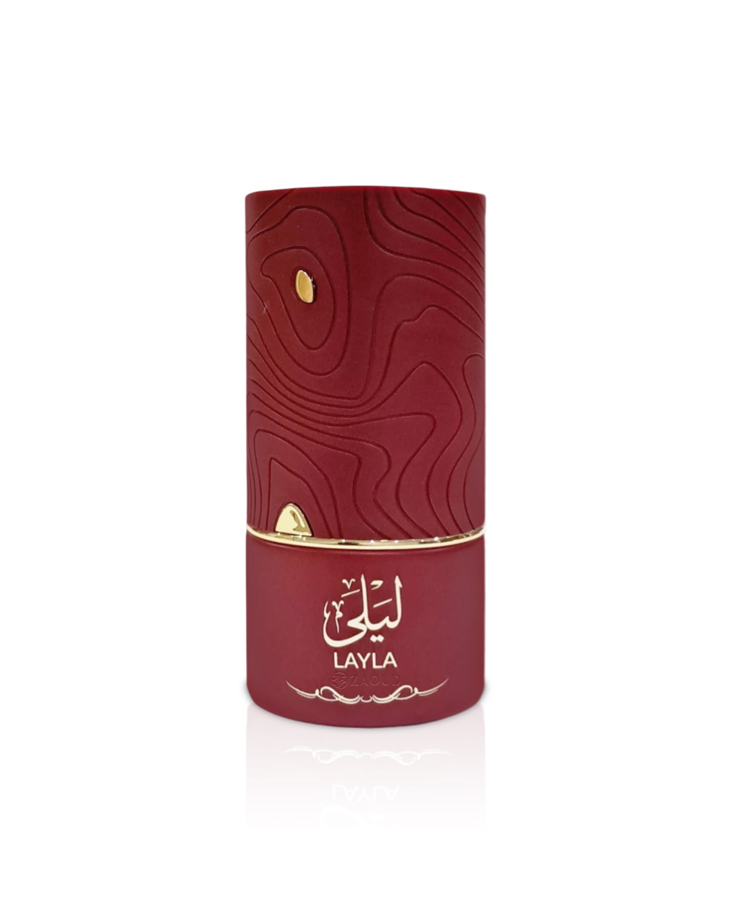 al absar lyla Red cylindrical perfume bottle with gold accents on a white background