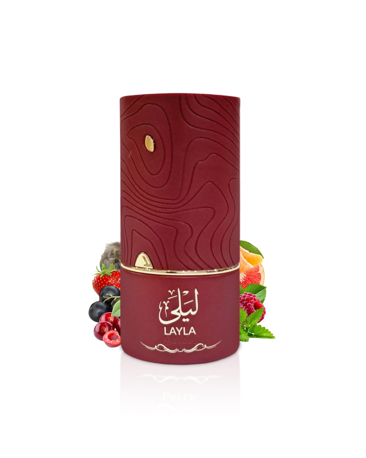 al absar lyla Red cylindrical container with 'LAYLA' branding and fruit illustrations on a white background