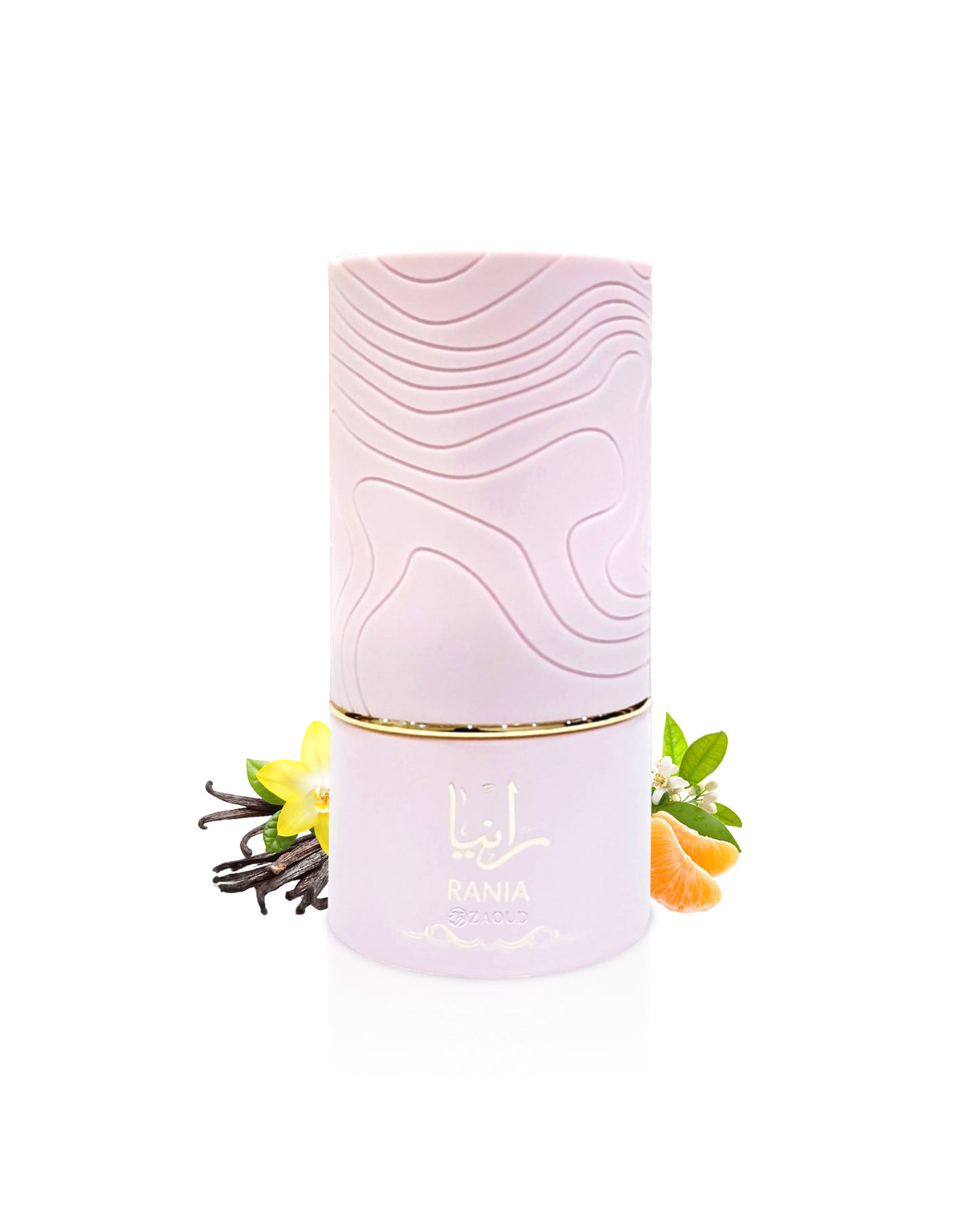 al absar rania Pink cylindrical product with decorative elements like mandarine and vanilla on a white background