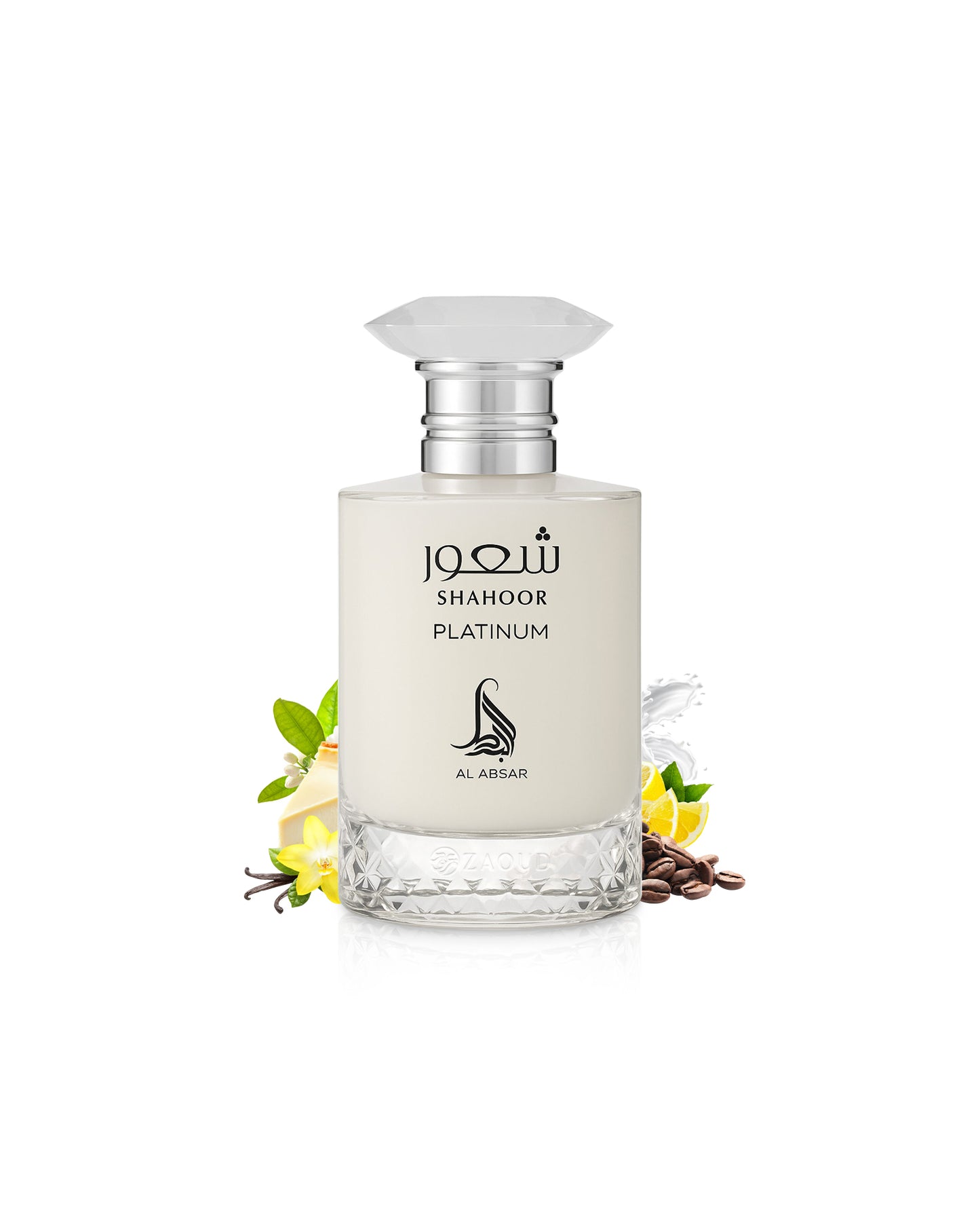 al absar shahoor platinum perfume bottle surrounded by fragrance notes like vanilla and coffee shows against white background
