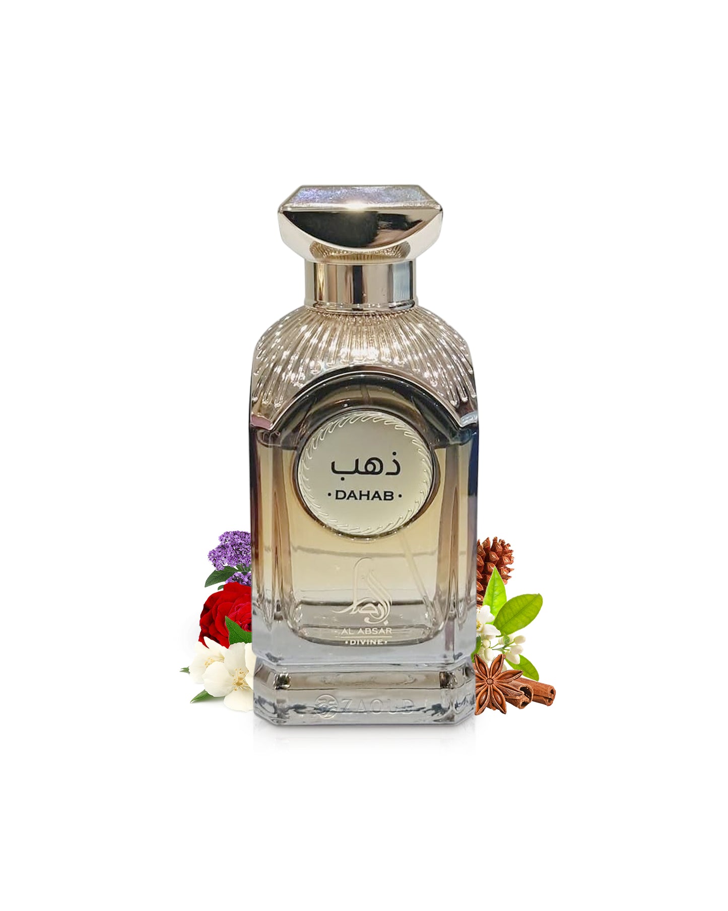al absar dahab perfume bottle surrounded with fragrance notes like jasmine and spices shows against white background