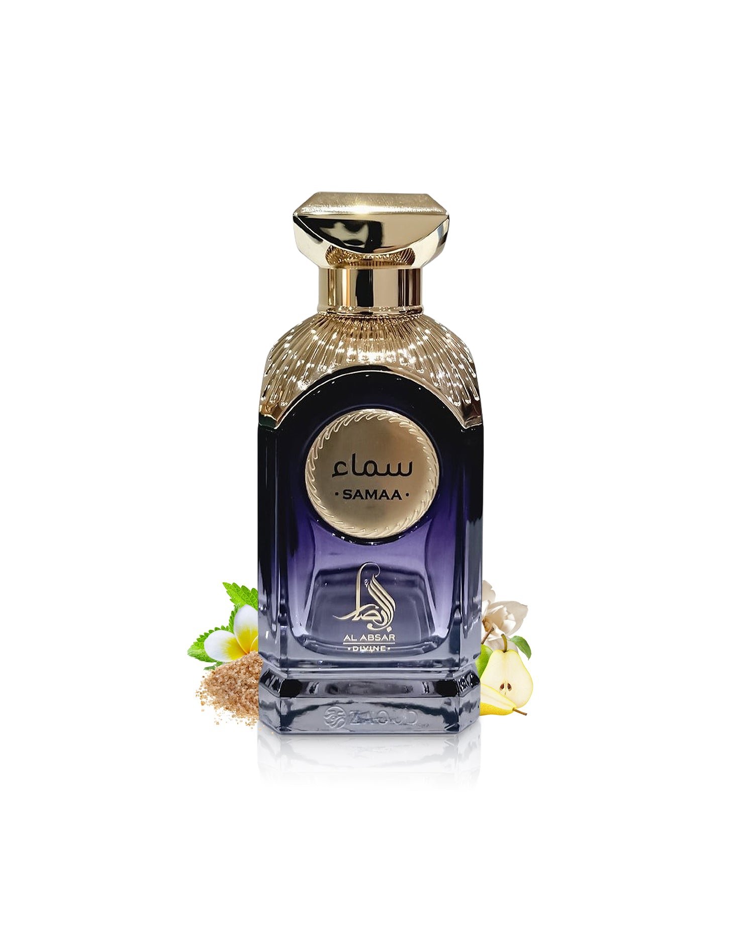 al absar divine samaa perfume bottle surrounded with fragrance notes like pear and frangopani shows against white background