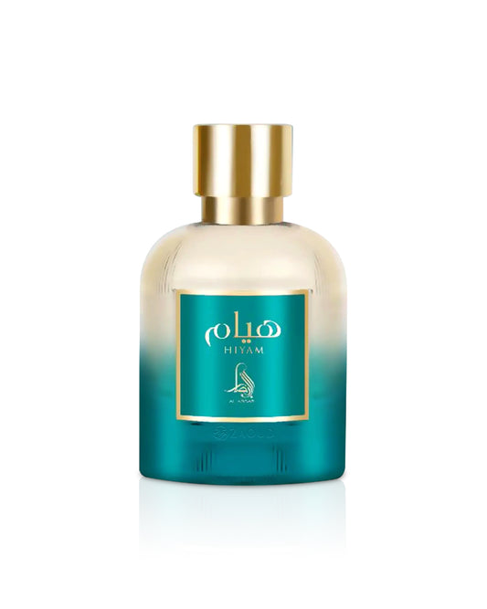 al absar hiyam Perfume bottle with gold cap and gradient blue label on a white background