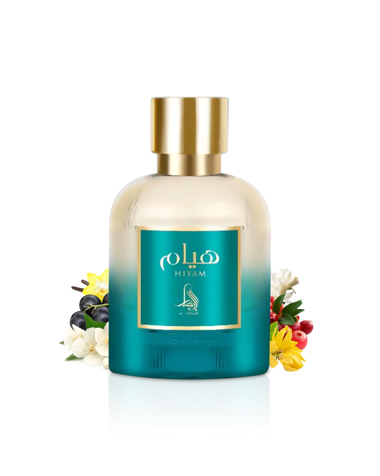 al absar hiyam Perfume bottle surrounded by fragrance notes like jasmine and vanilla with gold cap and blue label on a white background