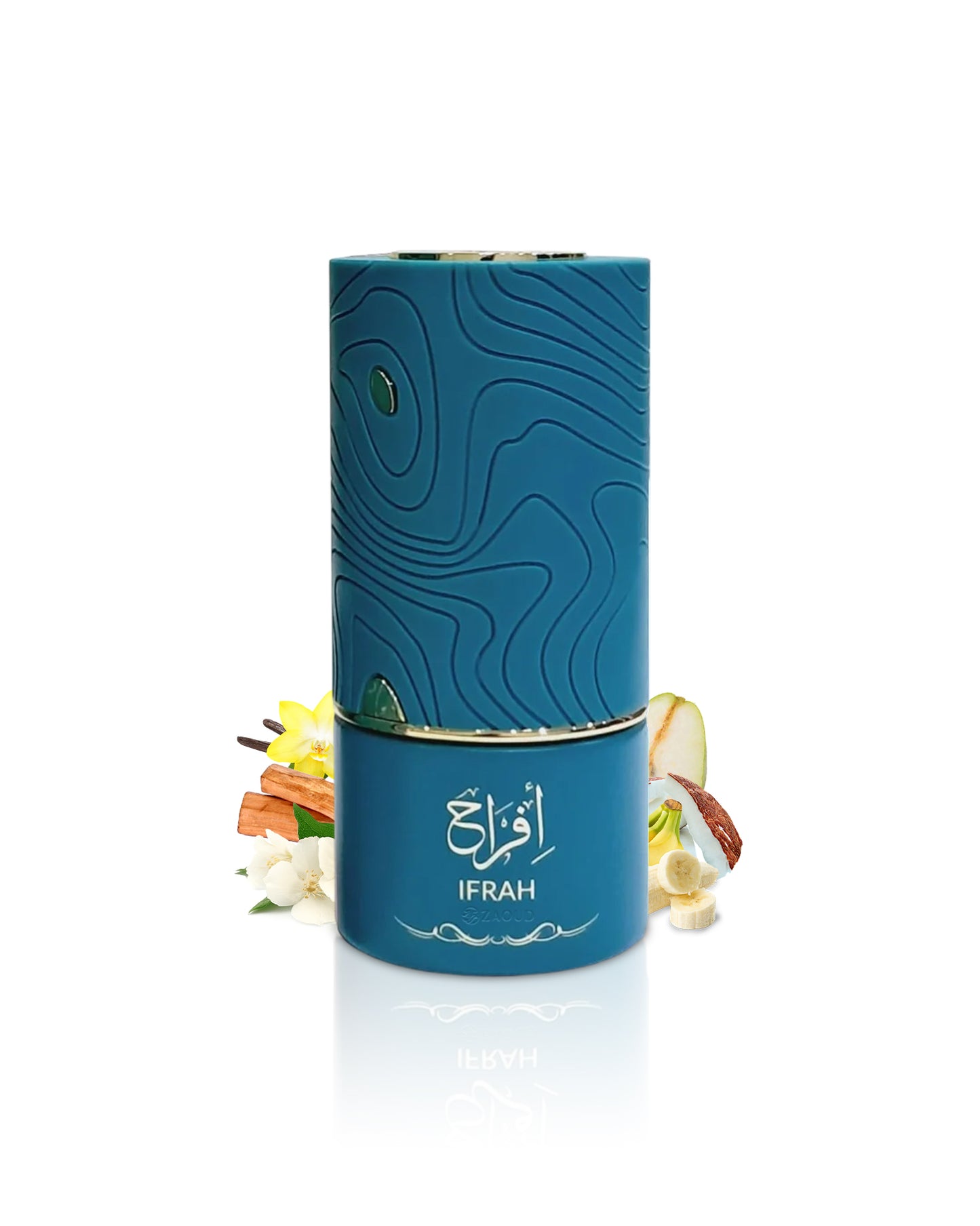 al absar ifrah Blue cylindrical container with 'Ifrah' branding surrounded by banana and jasmine on a white background