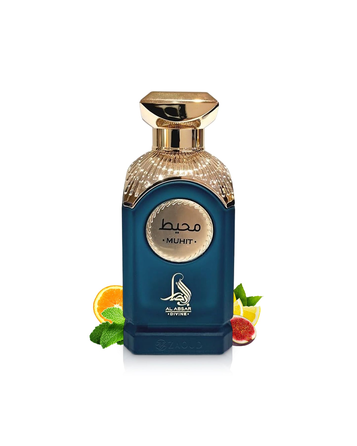 al absar muhit perfume bottle surrounded with fragrance notes like mint and fig shows against white background