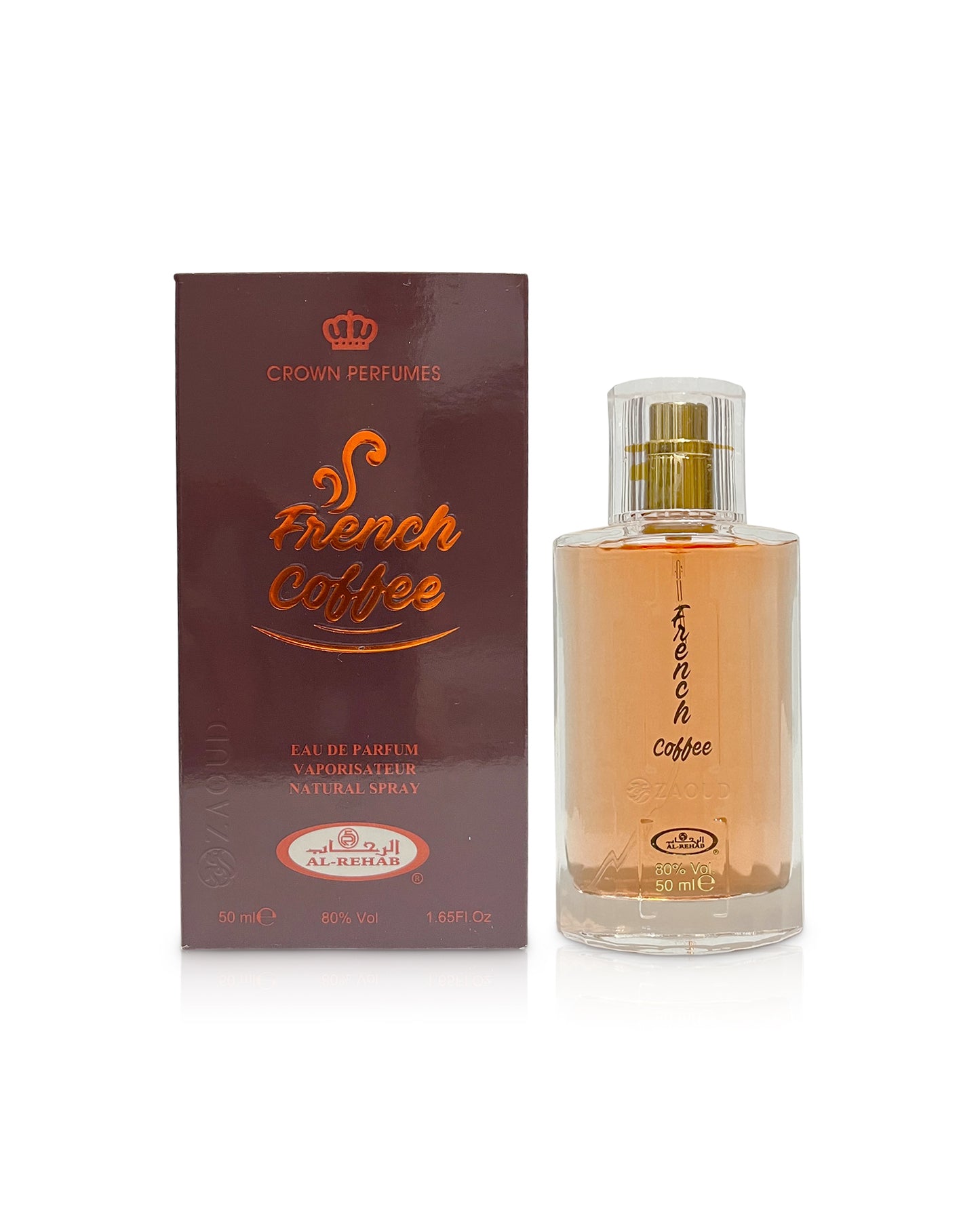 al rehab french coffee perfume bottle shows beside its box against white background