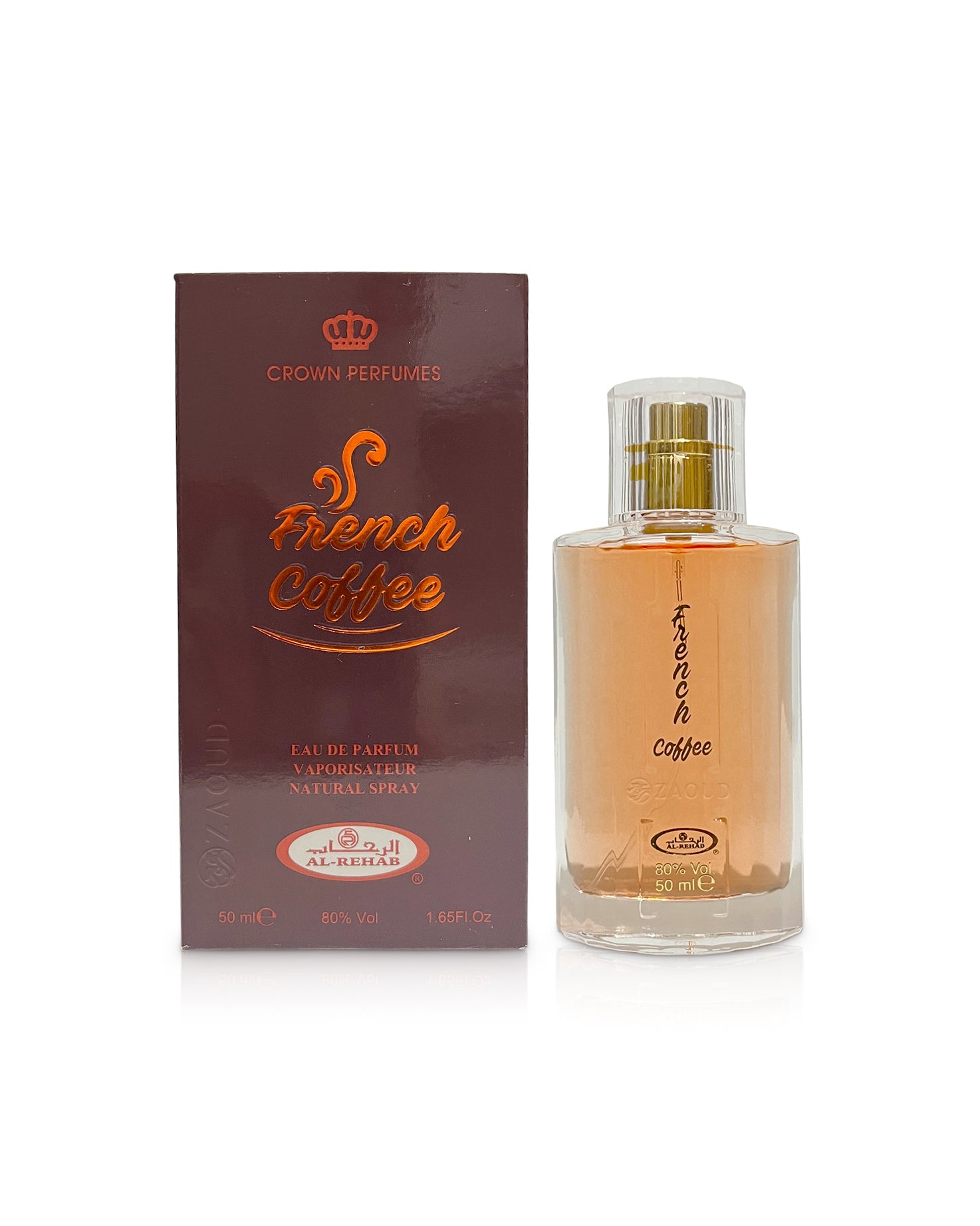 al rehab french coffee perfume bottle shows beside its box against white background