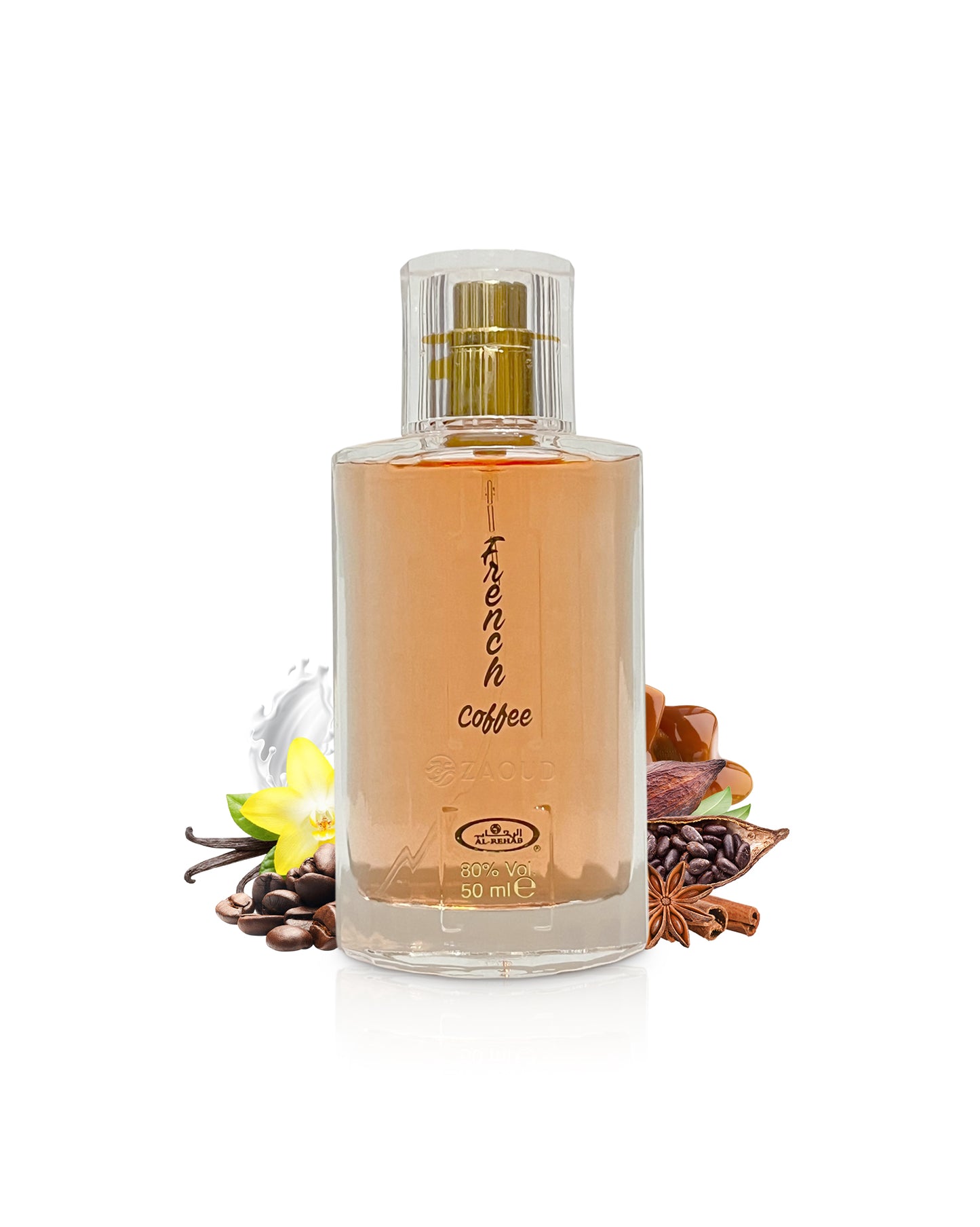 al rehab french coffee perfume bottle surrounded with fragrance notes like coffee and vanilla shows against white background