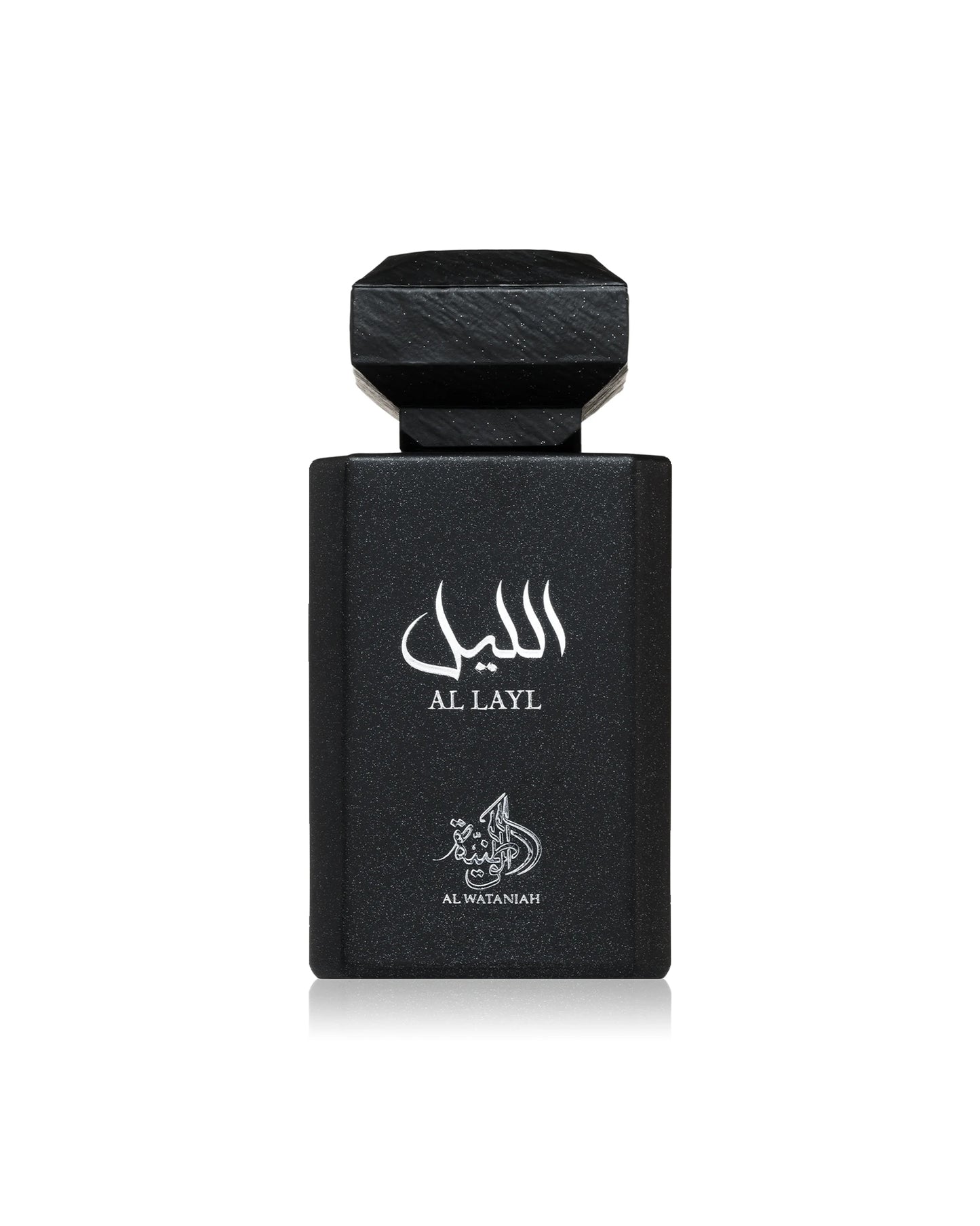 AL WATANIAH Black perfume bottle labeled 'Al Layl' by Al Waseehah on a white background