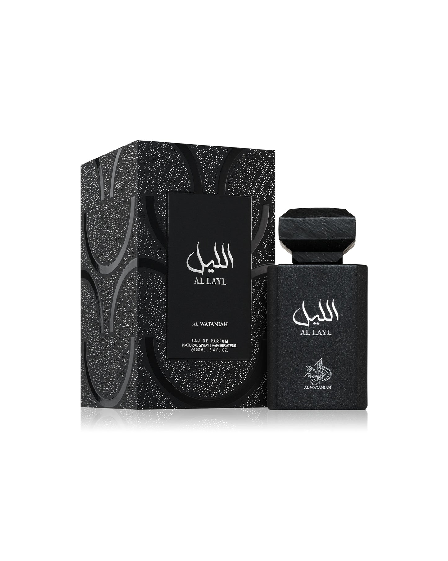 AL WATANIAH Black perfume bottle and packaging with 'Al Layl' branding on a white background