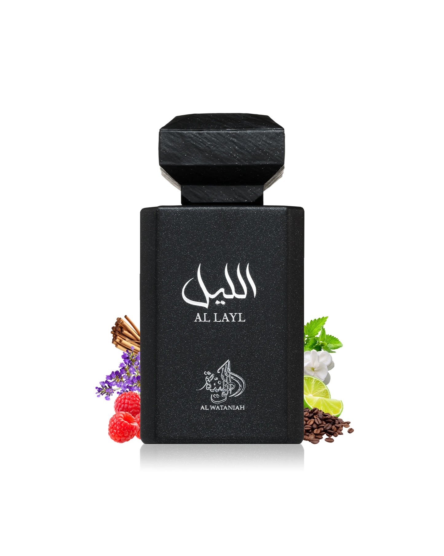 AL WATANIAH Black perfume bottle labeled 'Al Layl' with floral and spice elements on a white background