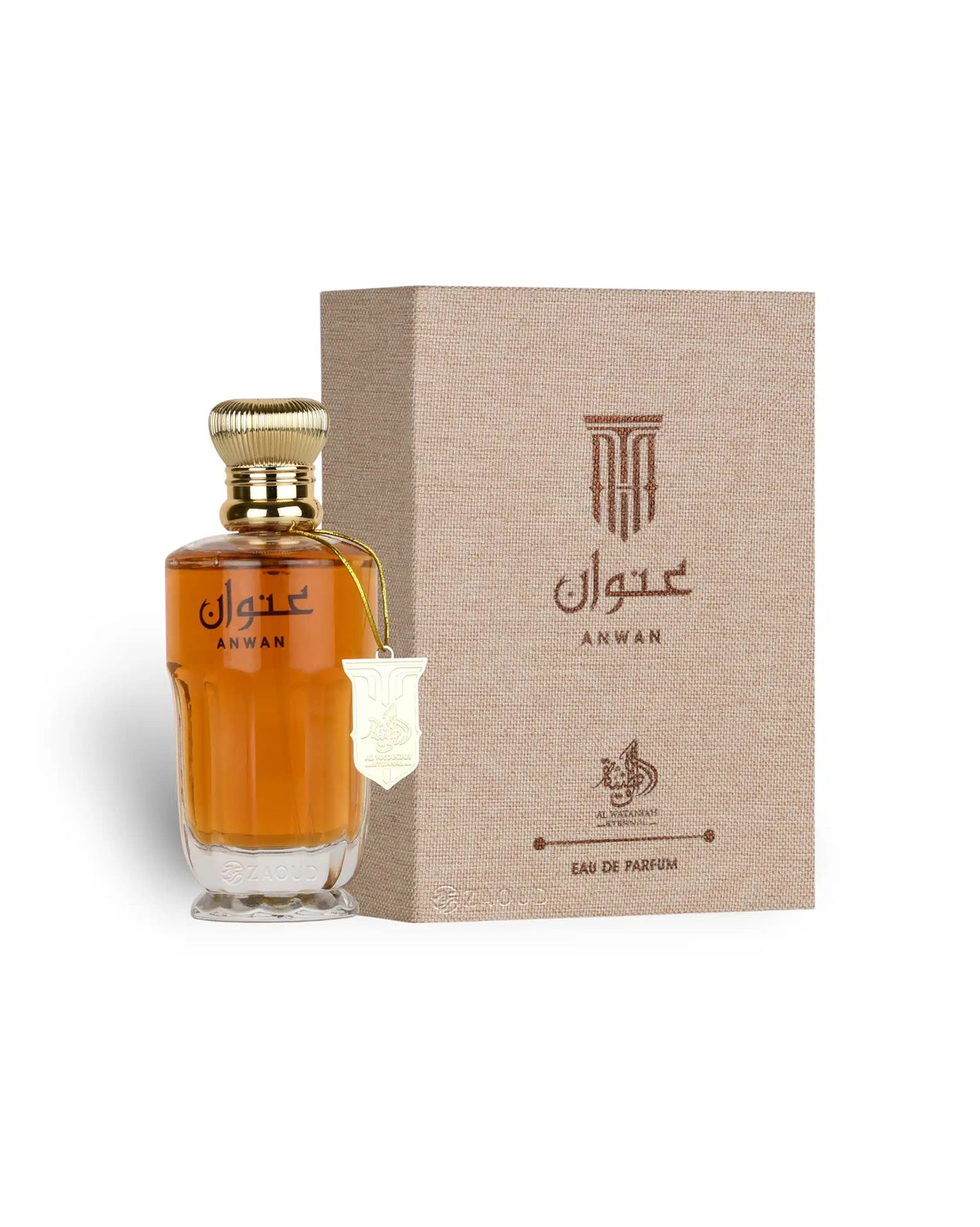 al wataniah anwan perfume bottle shows beside its box against white background