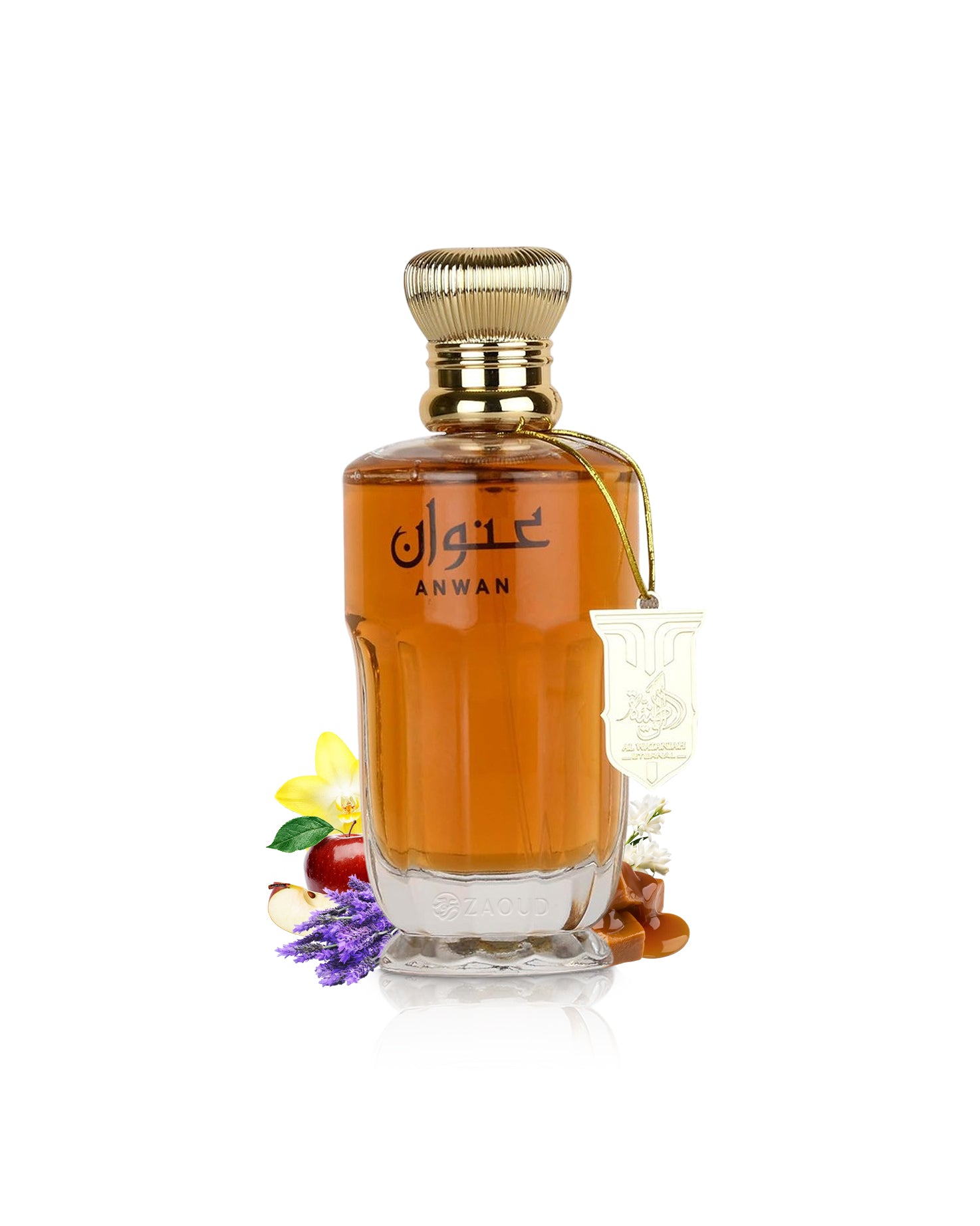 al wataniah anwan perfume bottle surrounded with fragrance notes like caramel and apple shows against white background