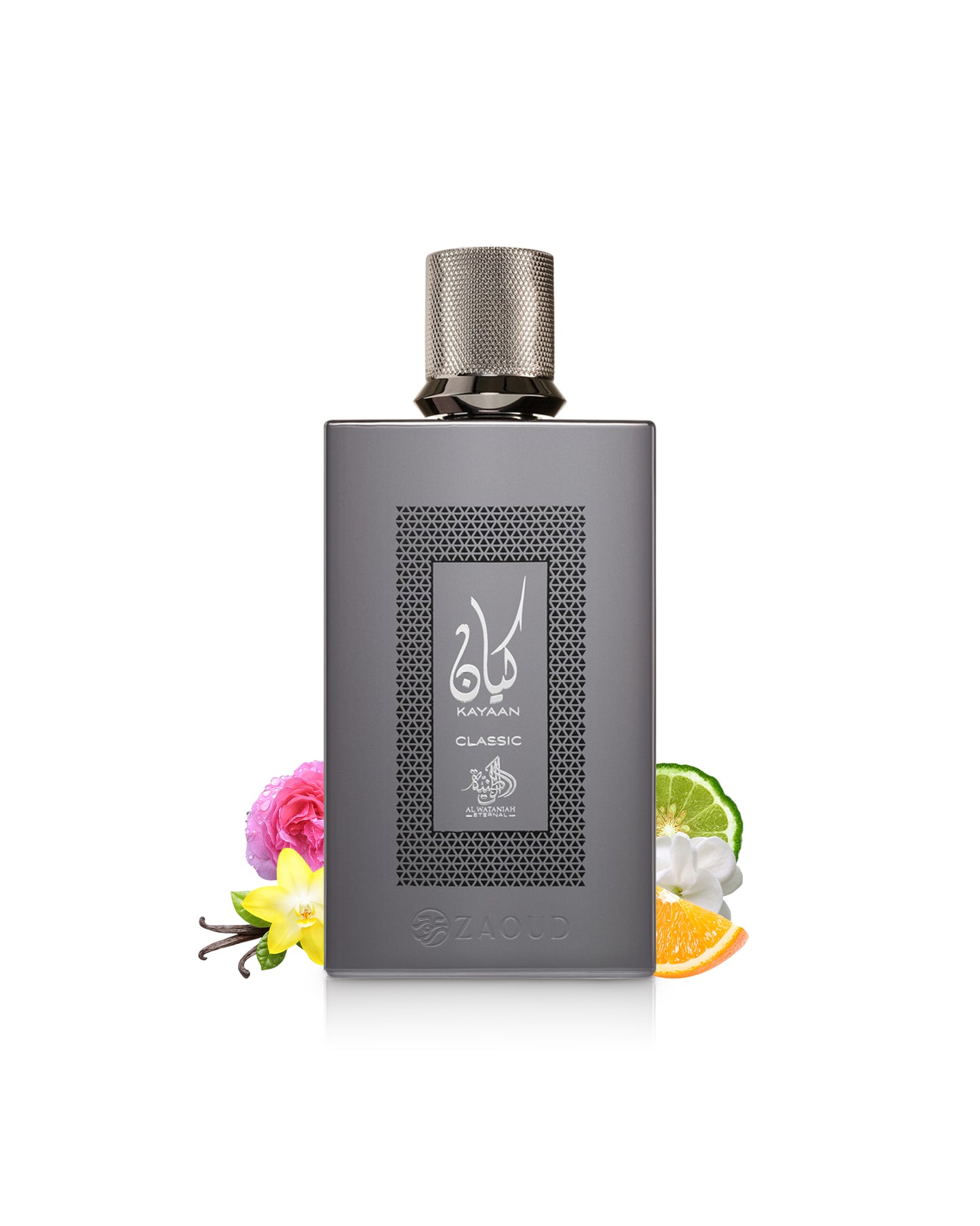 al wataniah kayaan classic perfume bottle surrounded with fragrance notes like vanilla and rose shows agaisnt white background