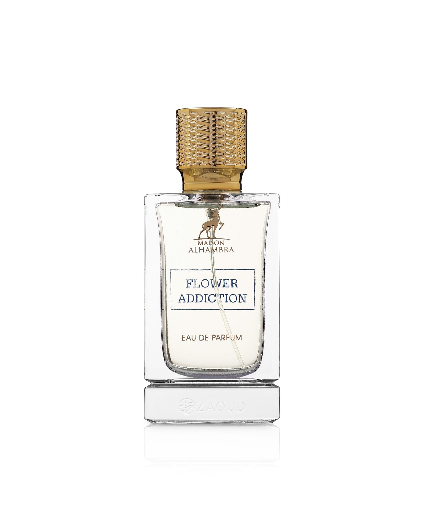 alhambra flower addiction perfume bottle against white background
